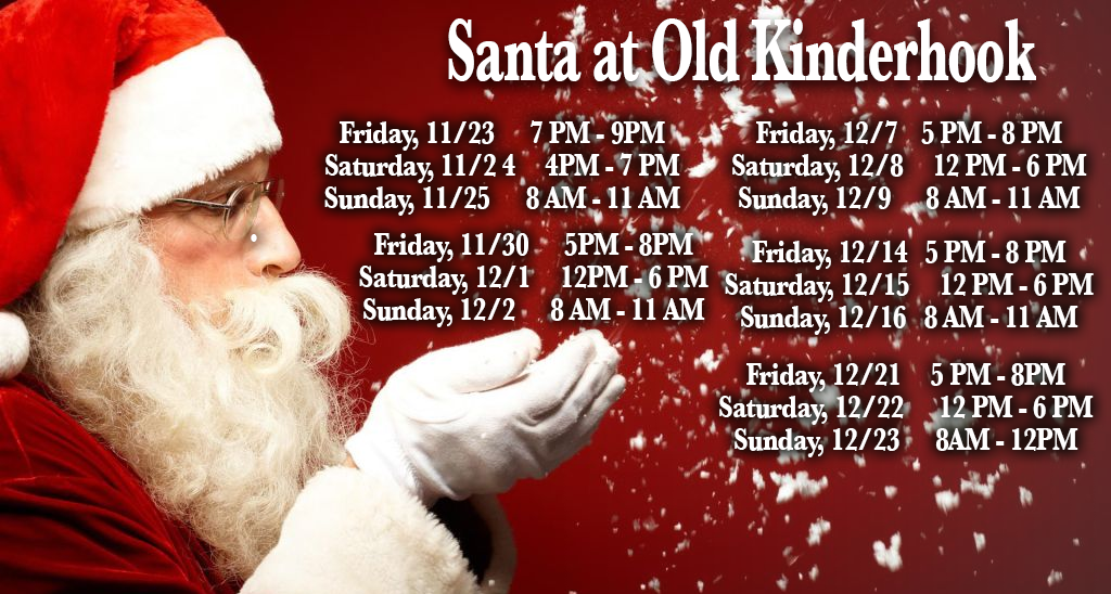 Poster with Santa Claus in profile wearing glasses and a red Santa hat, with a white beard, on a red background. It details holiday event dates and times for Santa at Old Kinderhook, including various dates in November and December, with times listed