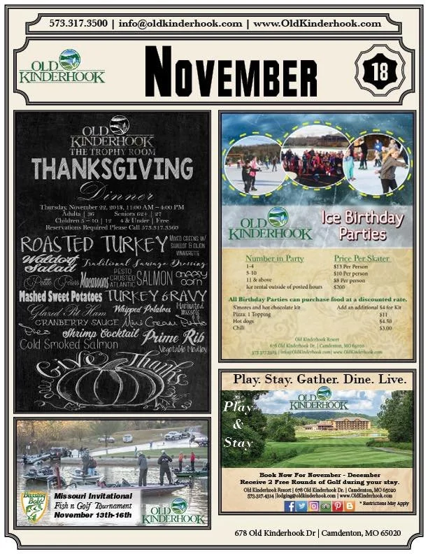 A flyer for Old Kinderhook featuring various events and menu items for November, including Thanksgiving dinner, Ice Birthday Parties, and a Missouri Invitational golf tournament.