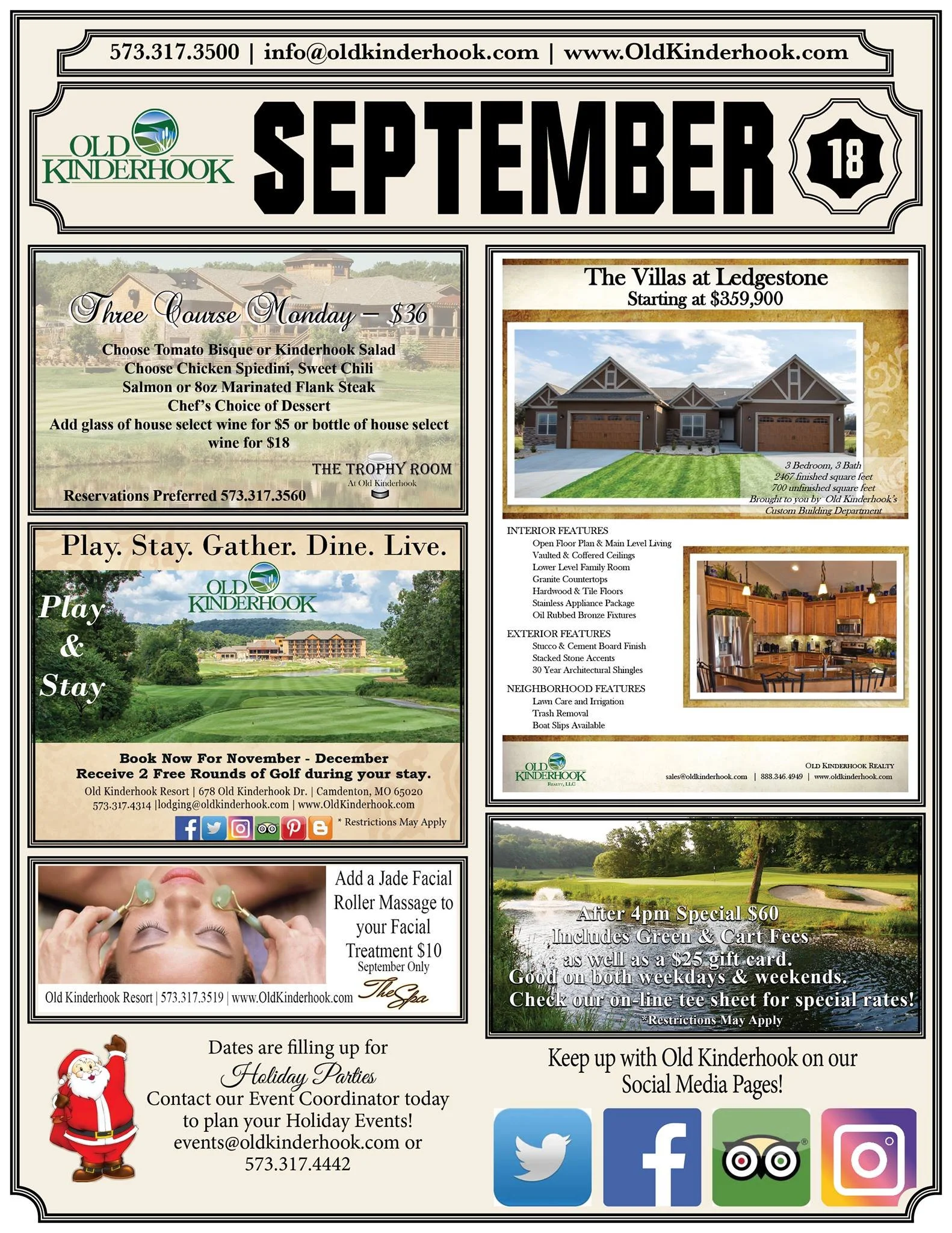 Advertisement for Old Kinderhook, featuring contact information, event details, golf promotions, holiday party planning, real estate listings, and social media icons.