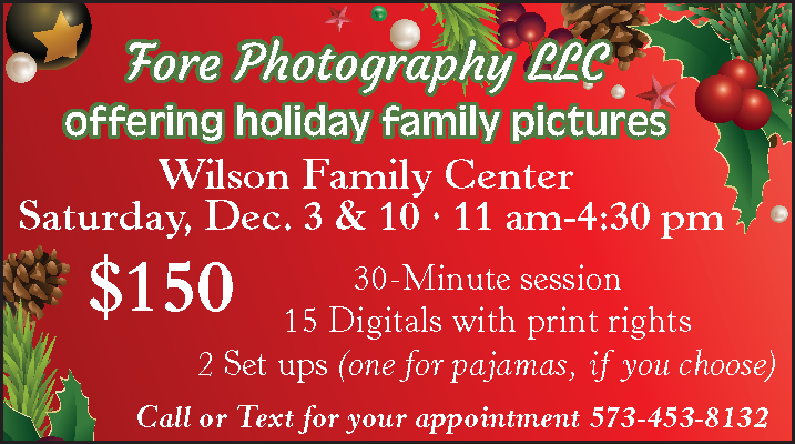 Holiday family photography advertisement featuring Christmas decorations, holly, pinecones, and ornaments with details about pricing and scheduling at Wilson Family Center on December 3rd and 10th.