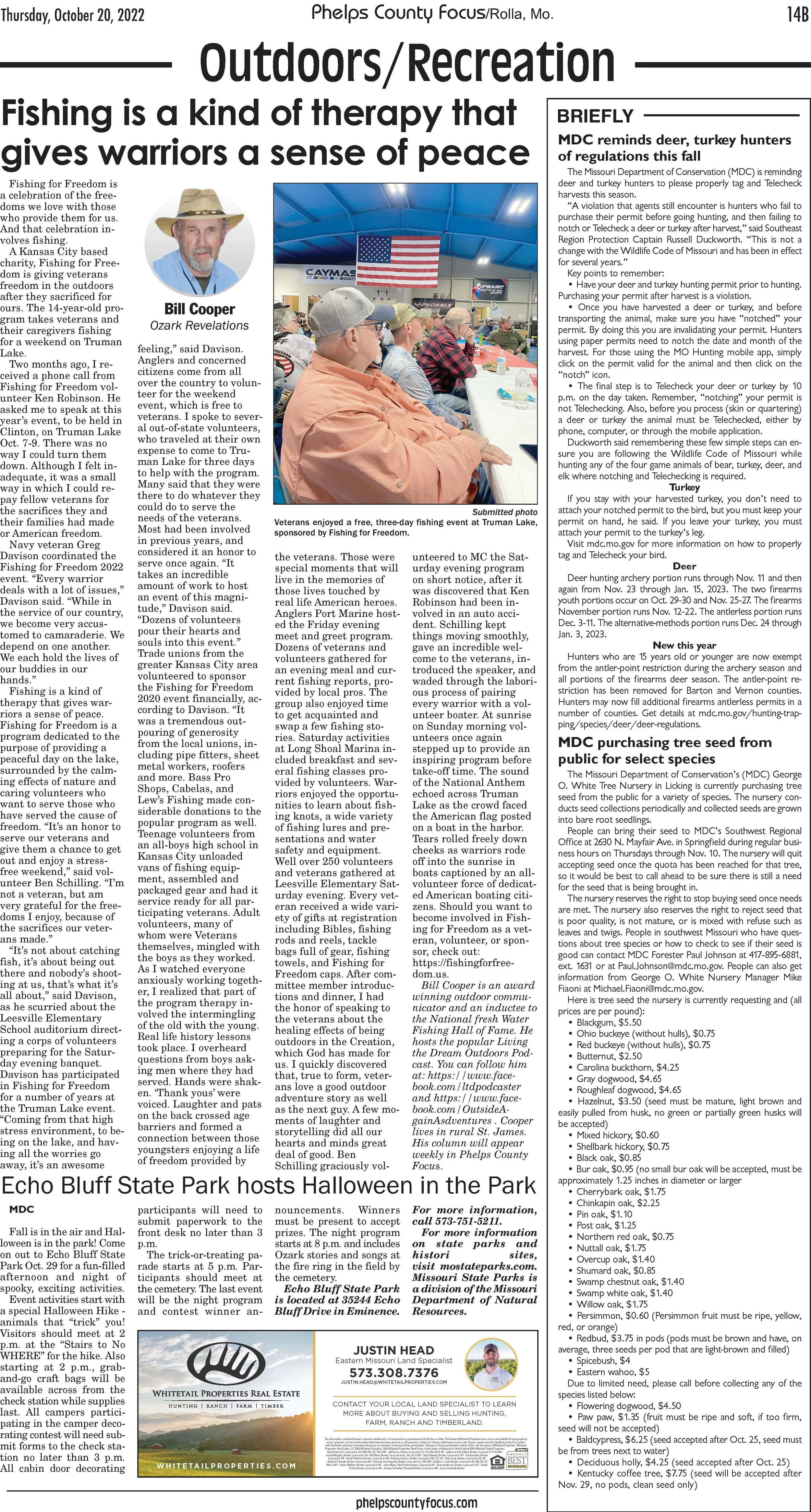 A newspaper page from Phelps County Focus, Rolla, Missouri, dated October 20, 2022, featuring articles about outdoor recreation, fishing events, hunting regulations, and a local Halloween event at Echo Bluff State Park. The page includes a photo of a