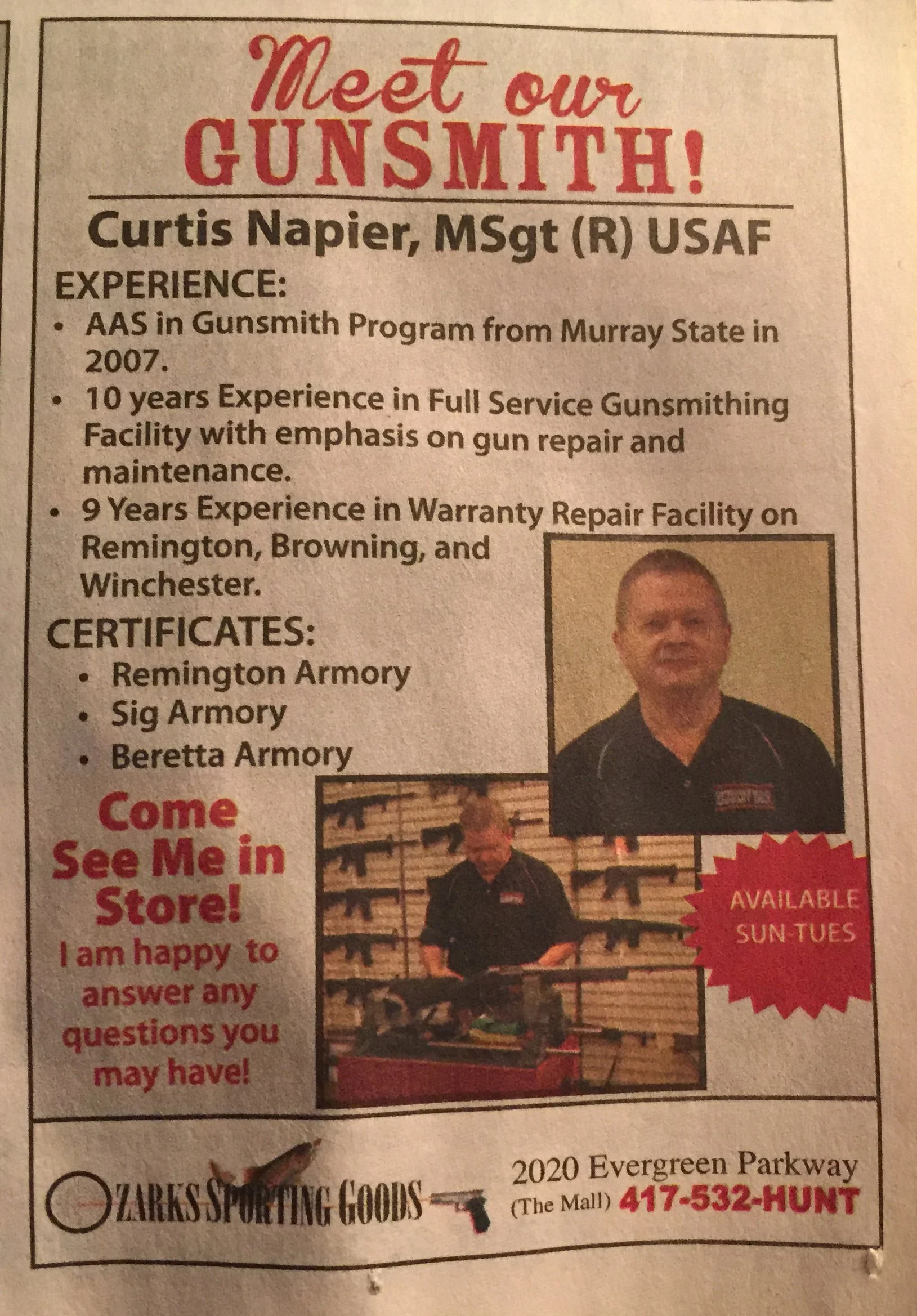 A flyer advertising the services of Curtis Napier, a gunsmith. It includes his experience and certifications, and features two photos of him in a store with firearms displayed in the background. The flyer mentions his experience in gunsmithing, warra