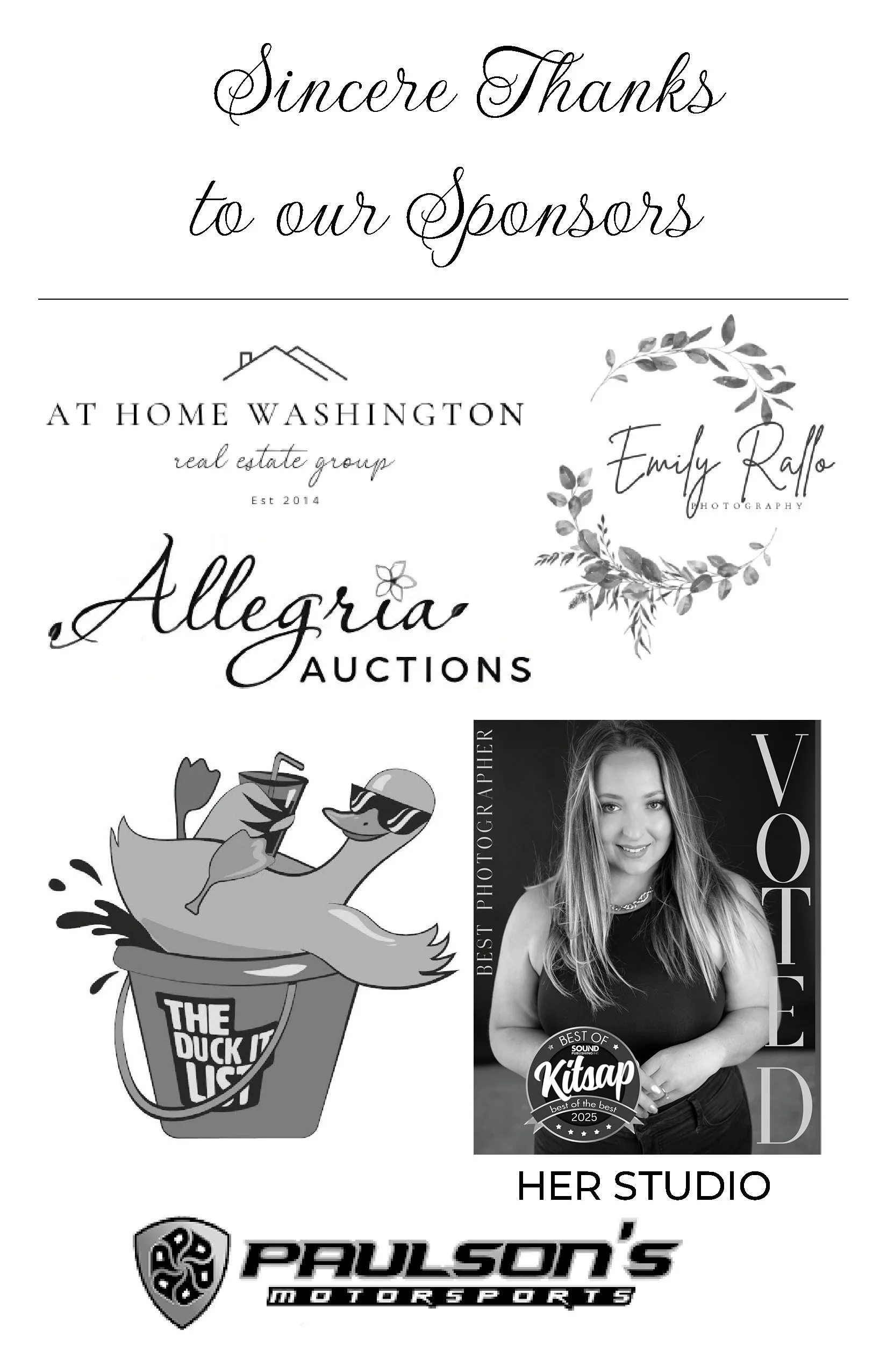 Collage of various business signs including a thank you message to sponsors, a real estate sign, a photography studio sign, a logo for a fast-food restaurant, and a motorsports dealership logo.