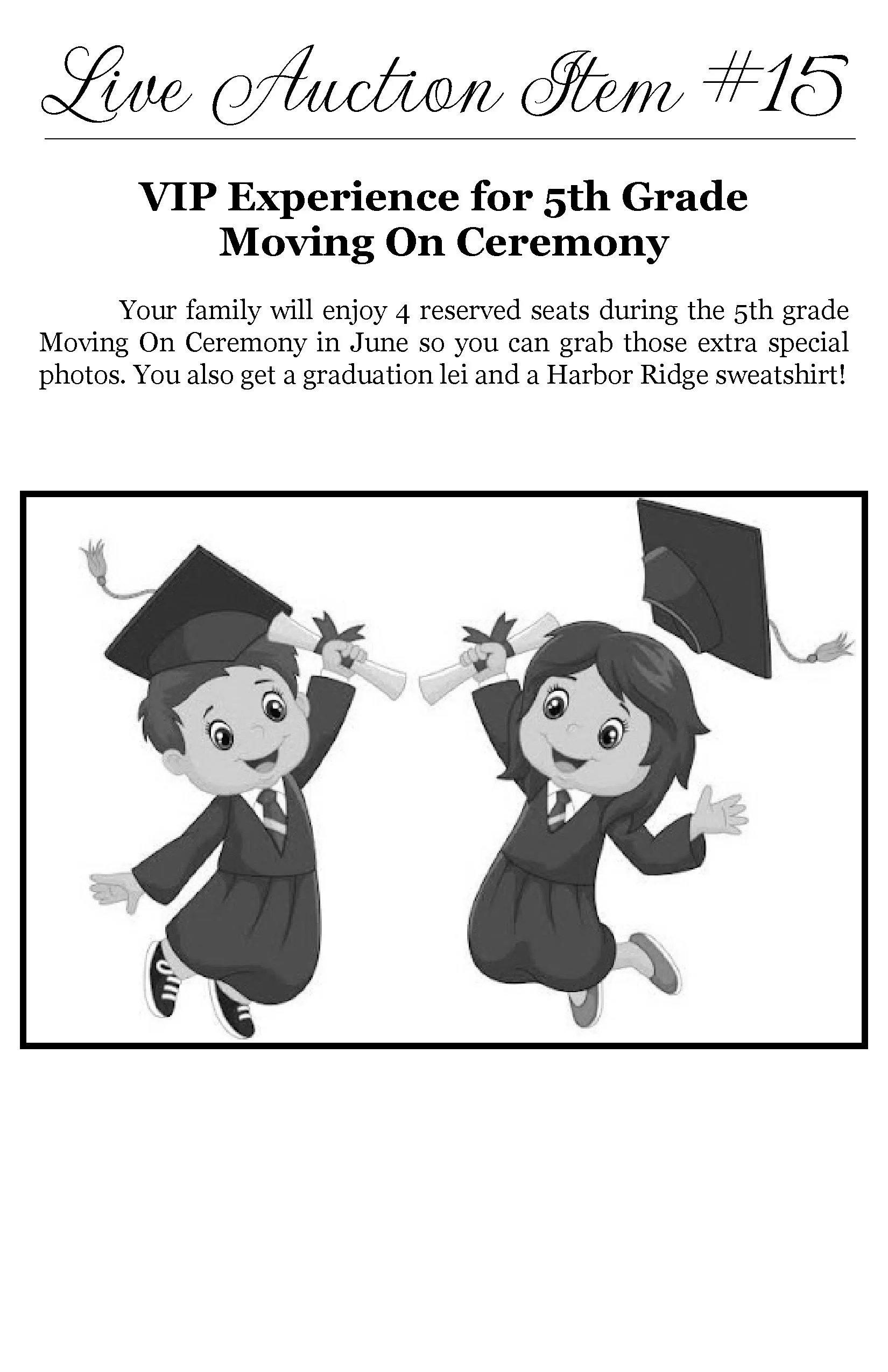 Black and white illustration of two children in graduation caps and gowns, jumping in celebration.