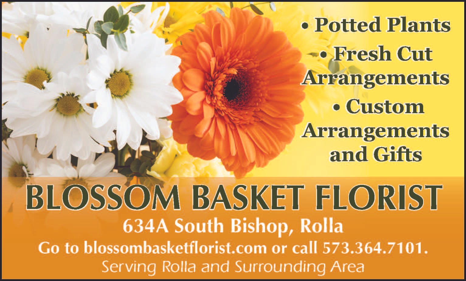 A floral advertisement for Blossom Basket Florist with white, orange, and yellow flowers on yellow and orange background. Text details about flower arrangements and contact information.