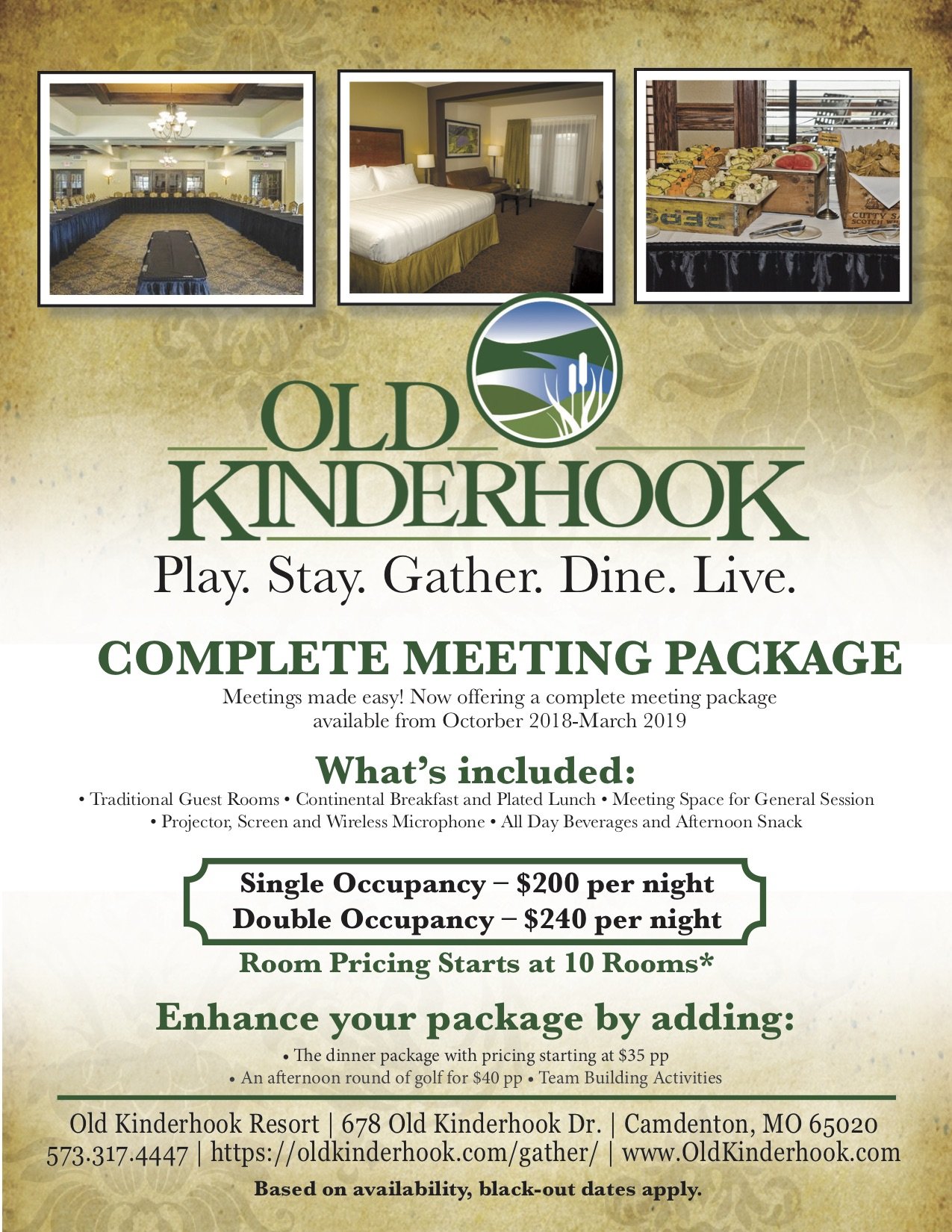 Flyer for Old Kinderhook Resort promoting a complete meeting package from October 2018 to March 2019, including meeting rooms, accommodations, meals, and activities.