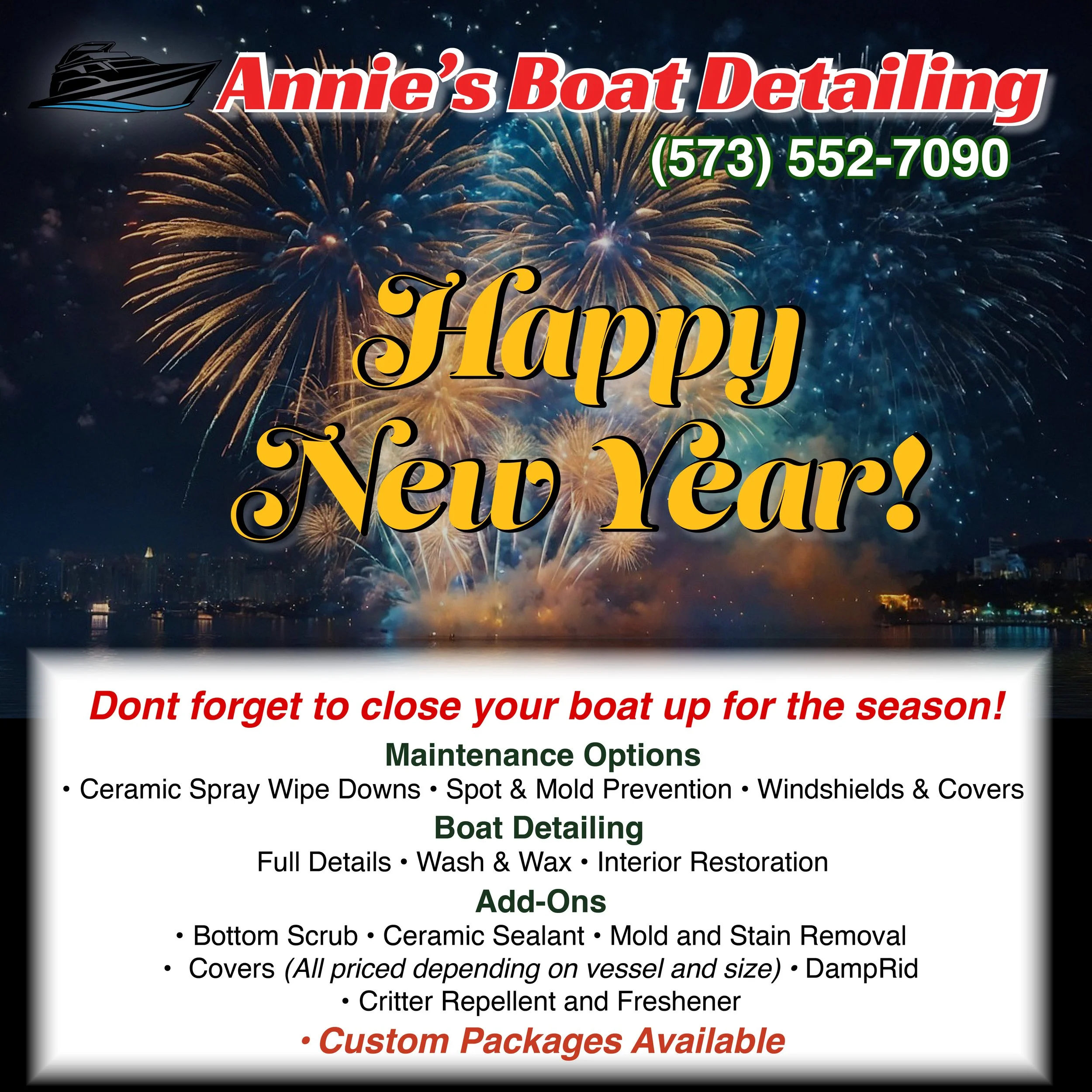 A festive New Year's greeting with fireworks in the background, featuring holiday text and contact information for Annie's Boat Detailing, including phone number and various service options like boat and vehicle detailing, maintenance, and add-ons.
