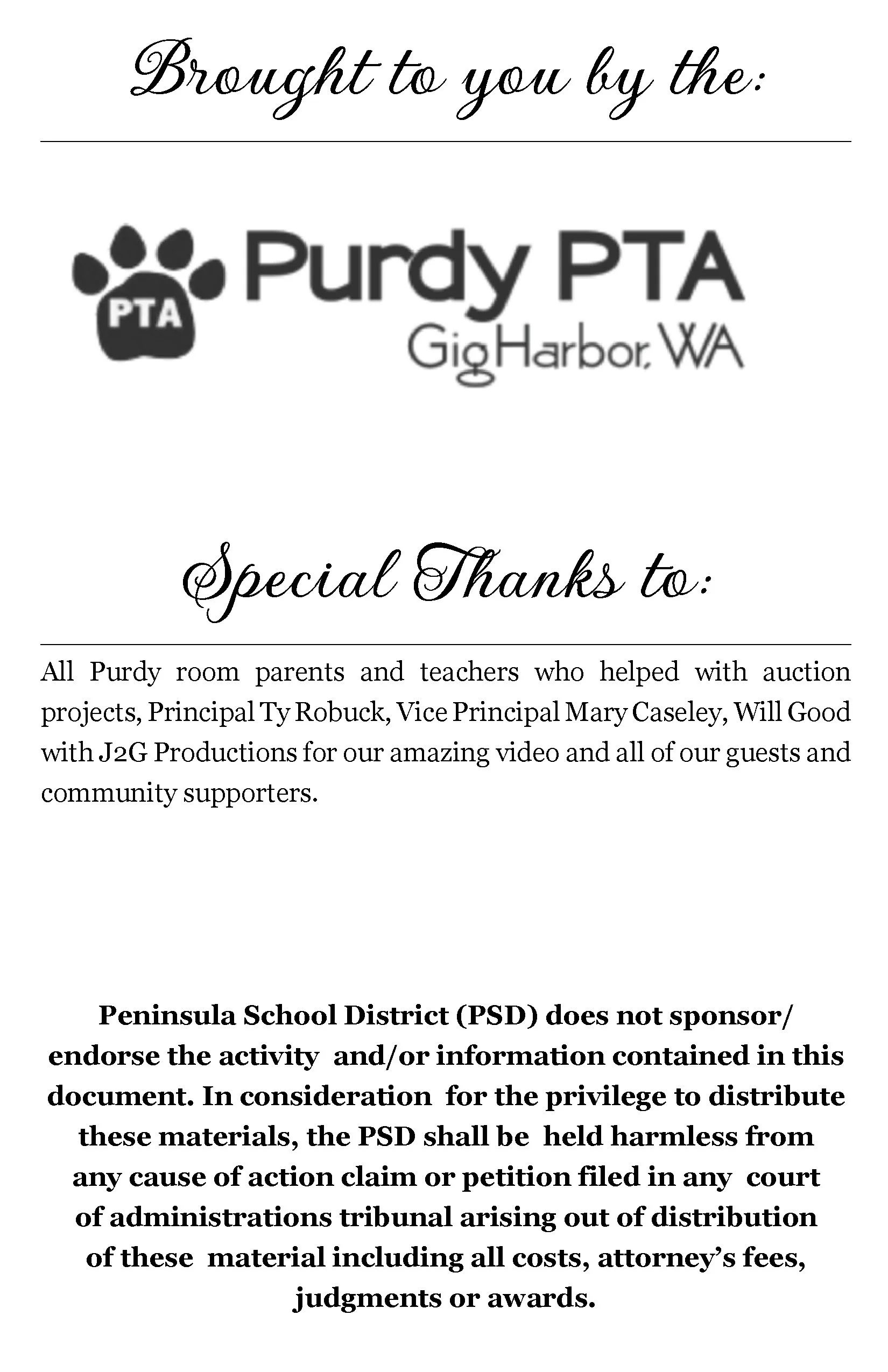 A donation acknowledgment document from Purdy PTA in Gig Harbor, WA, with a paw print graphic and text expressing thanks to parents, teachers, and supporters.