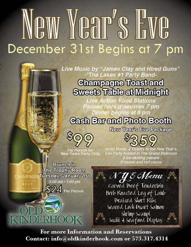 A New Year's Eve celebration poster featuring details of the event, including live music, food stations, a champagne toast, and a midnight sweets table. The poster mentions the event costs, timing, and locations, with a background image of a champagn