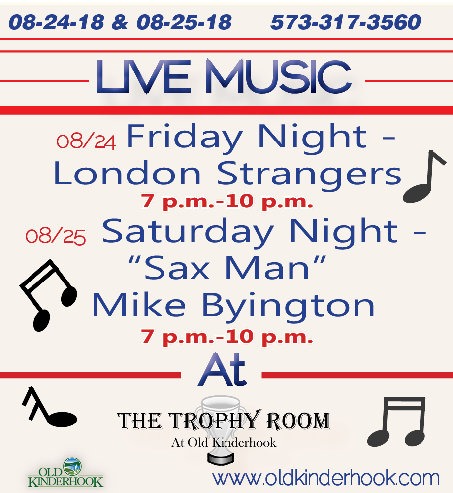 Flyer advertising live music events at The Trophy Room at Old Kinderhook with dates, times, and band names, featuring musical notes and the Old Kinderhook logo.