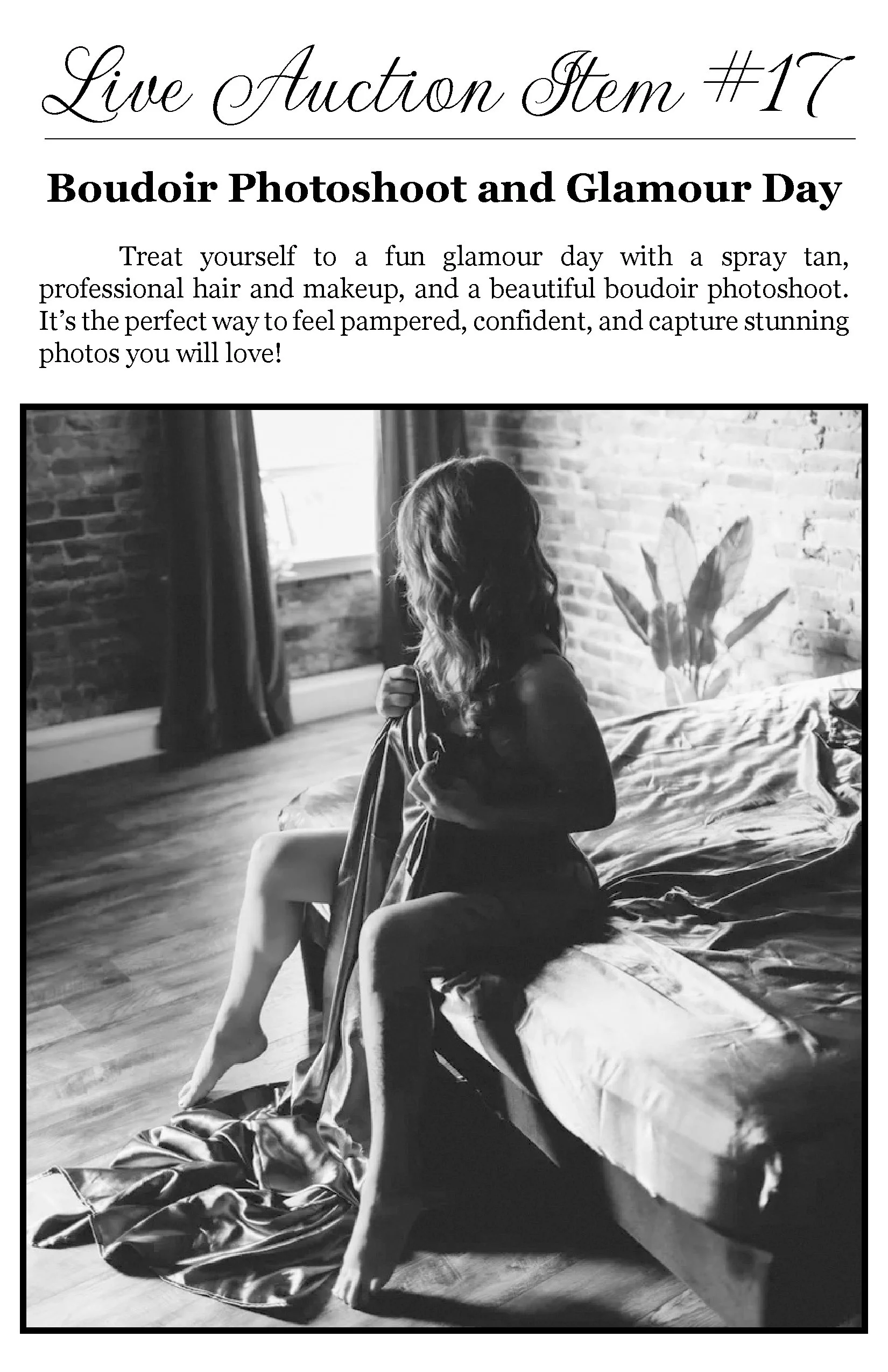 A black and white photo of a woman sitting on a bed in a room with brick walls and a window. She is seen from behind, with her long, wavy hair, wearing a dark top and shorts. She is holding a backpack, and a bed with a blanket is in the foreground, w