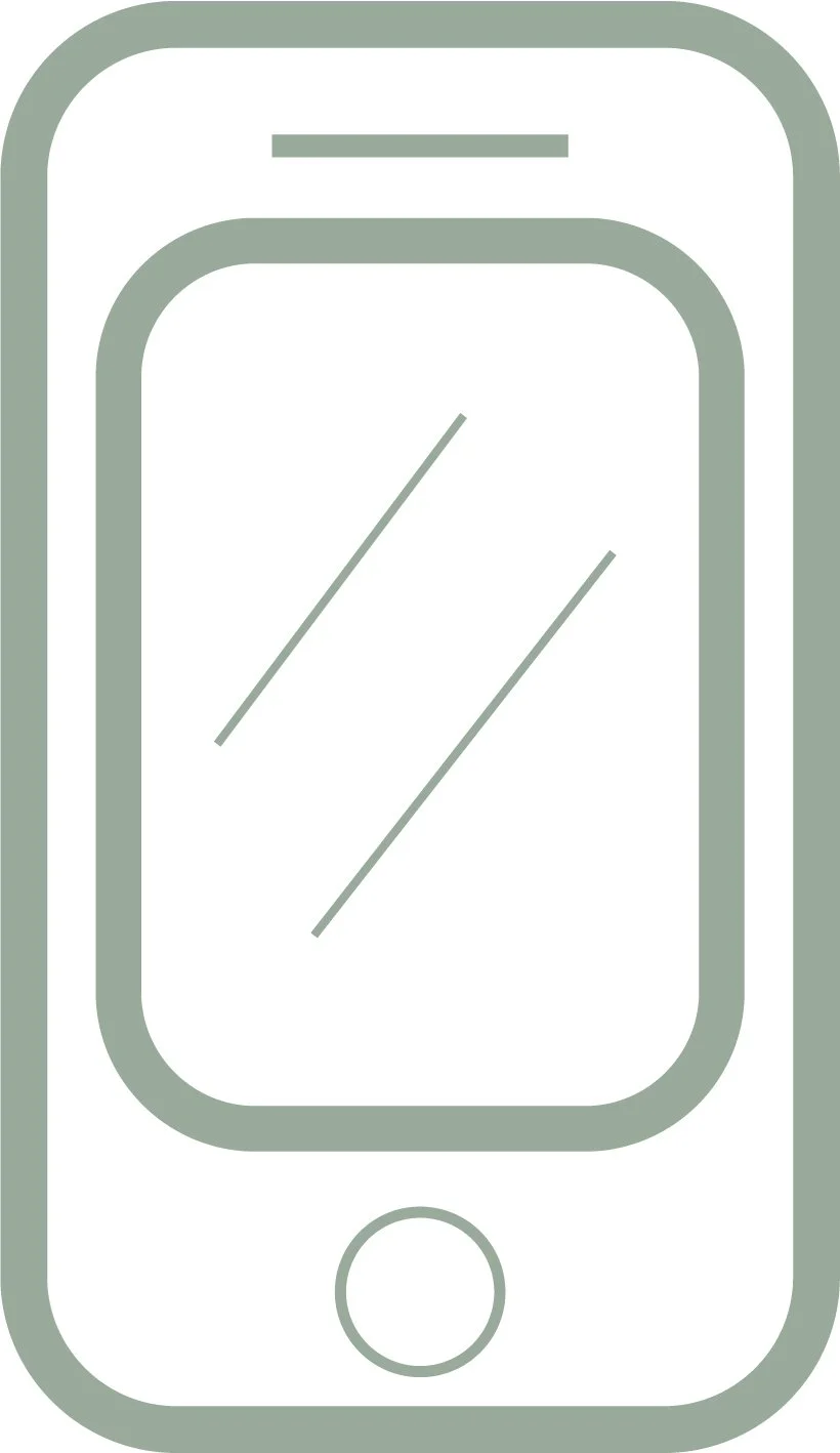 Line drawing of a smartphone with a large circular home button at the bottom, a rectangular screen with rounded edges, and thin lines representing the phone's edges and speaker at the top.