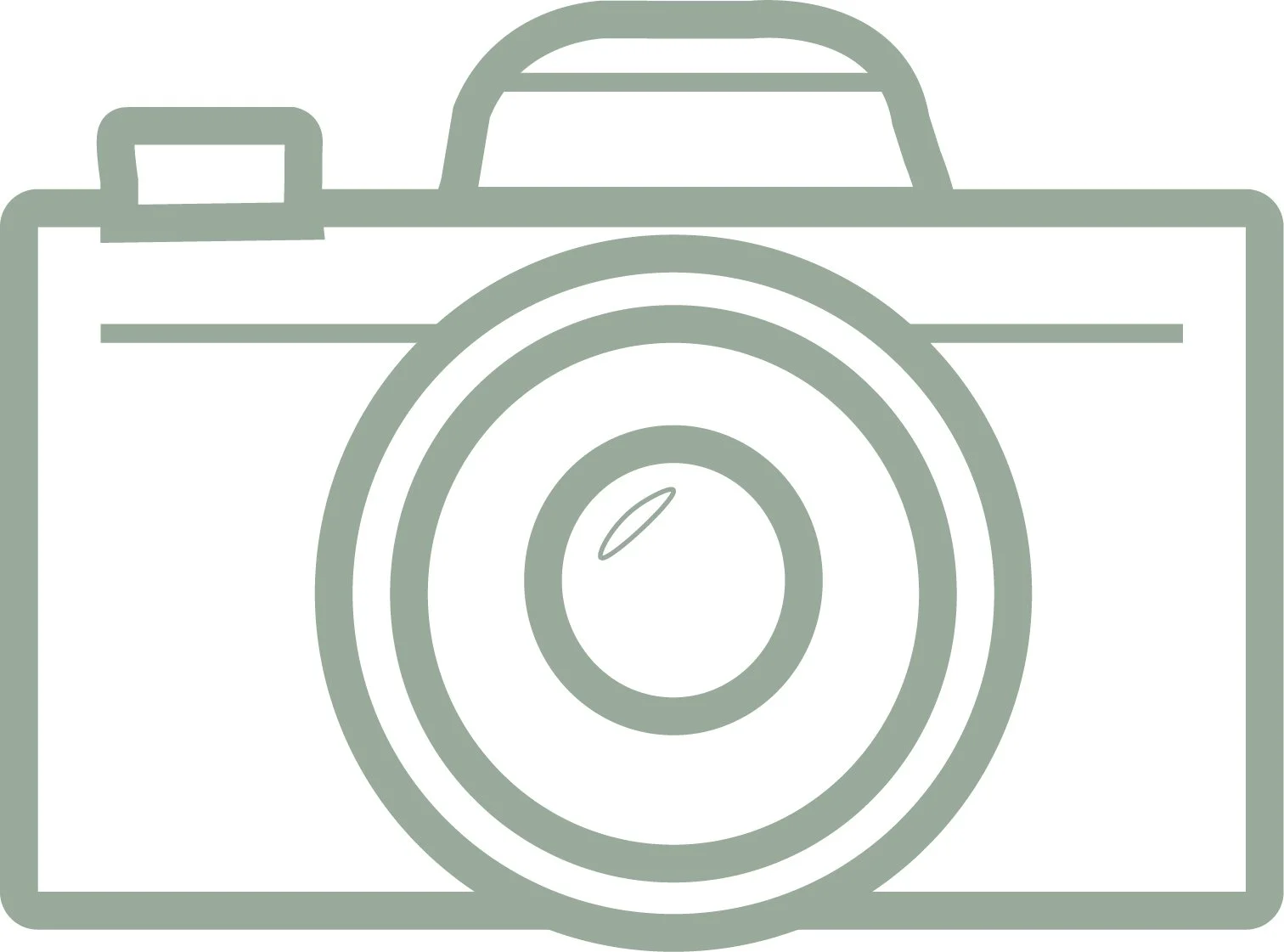 Line drawing of a camera with a rectangular body, a large circular lens in the center, a viewfinder on top, and a horizontal line representing the camera's top edge.