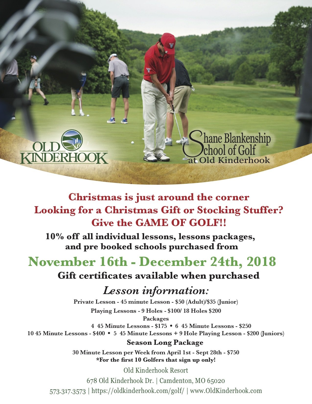 Flyer for Old Kinderhook School of Golf promoting Christmas gift and lesson packages, with a background image of people playing golf on a course.