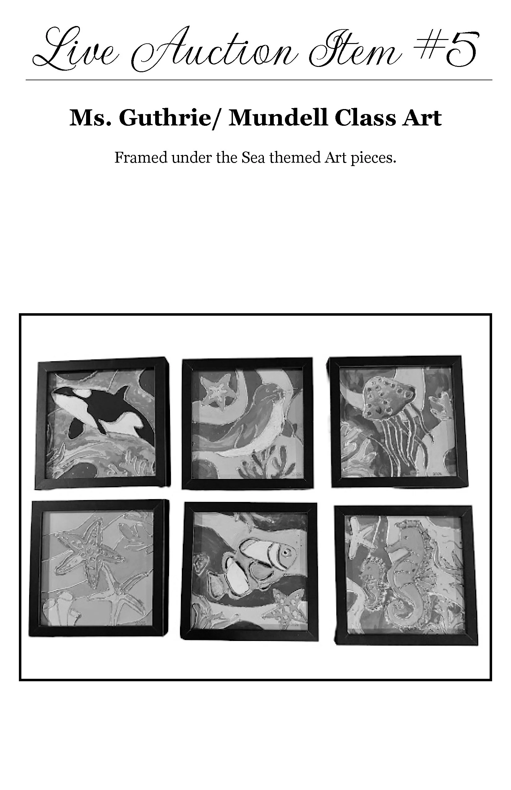 A black and white display of six sea-themed art framed pictures arranged in a grid pattern, showcasing various marine life including fish, starfish, jellyfish, and shells.