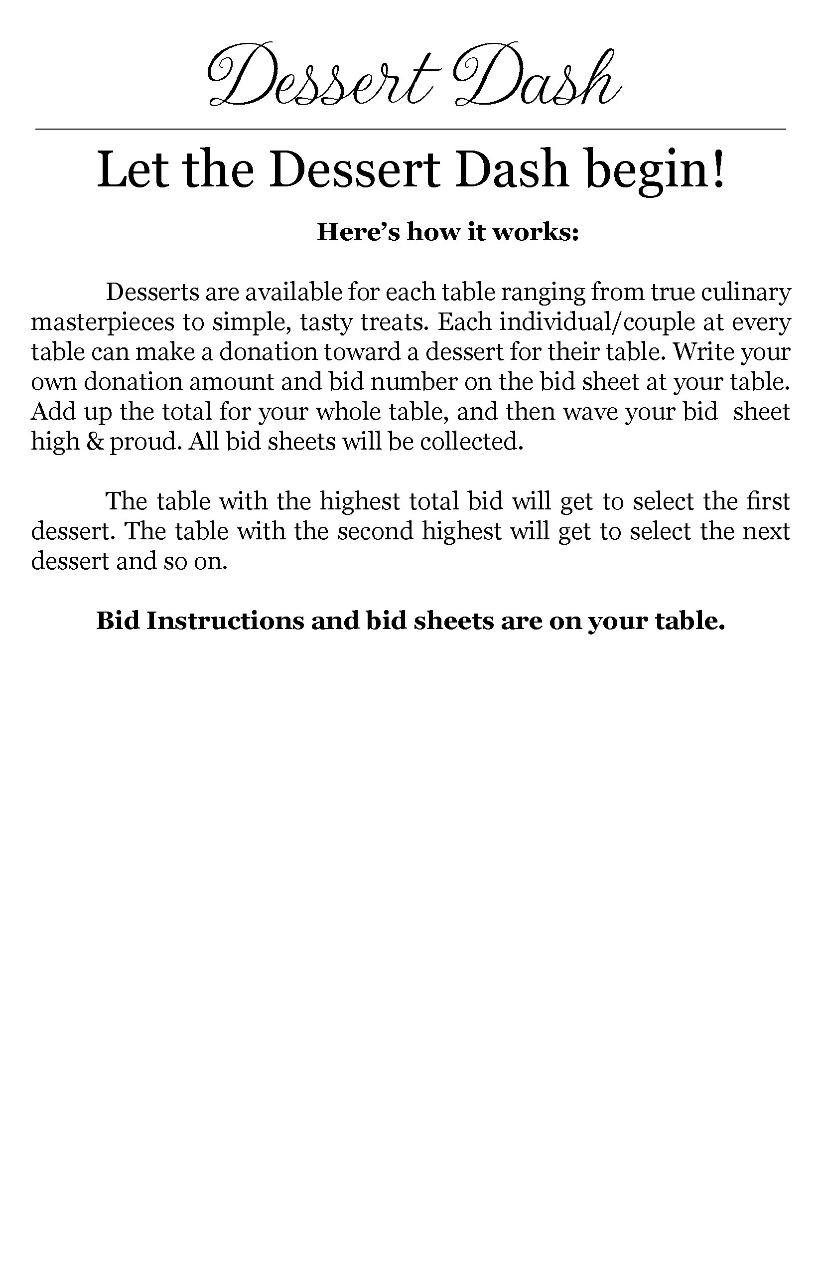 A flyer titled 'Dessert Dash' explaining a dessert auction process for a table. The flyer includes instructions for bidding with bid sheets and collecting donations for desserts, and mentions that the table with the highest bid wins.