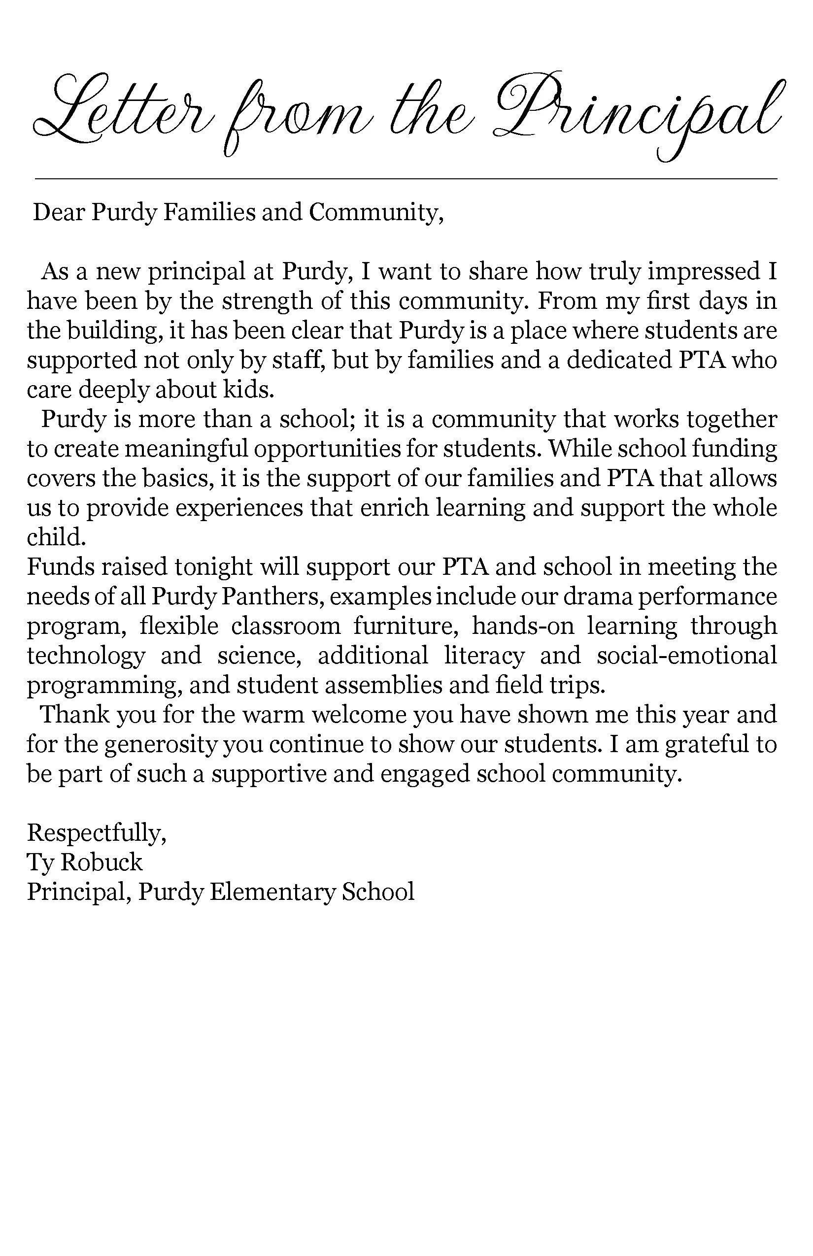 A formal letter addressed to Purdy Families and Community from Ty Robuck, Principal of Purdy Elementary School, discussing the school's community support and upcoming fundraising events.