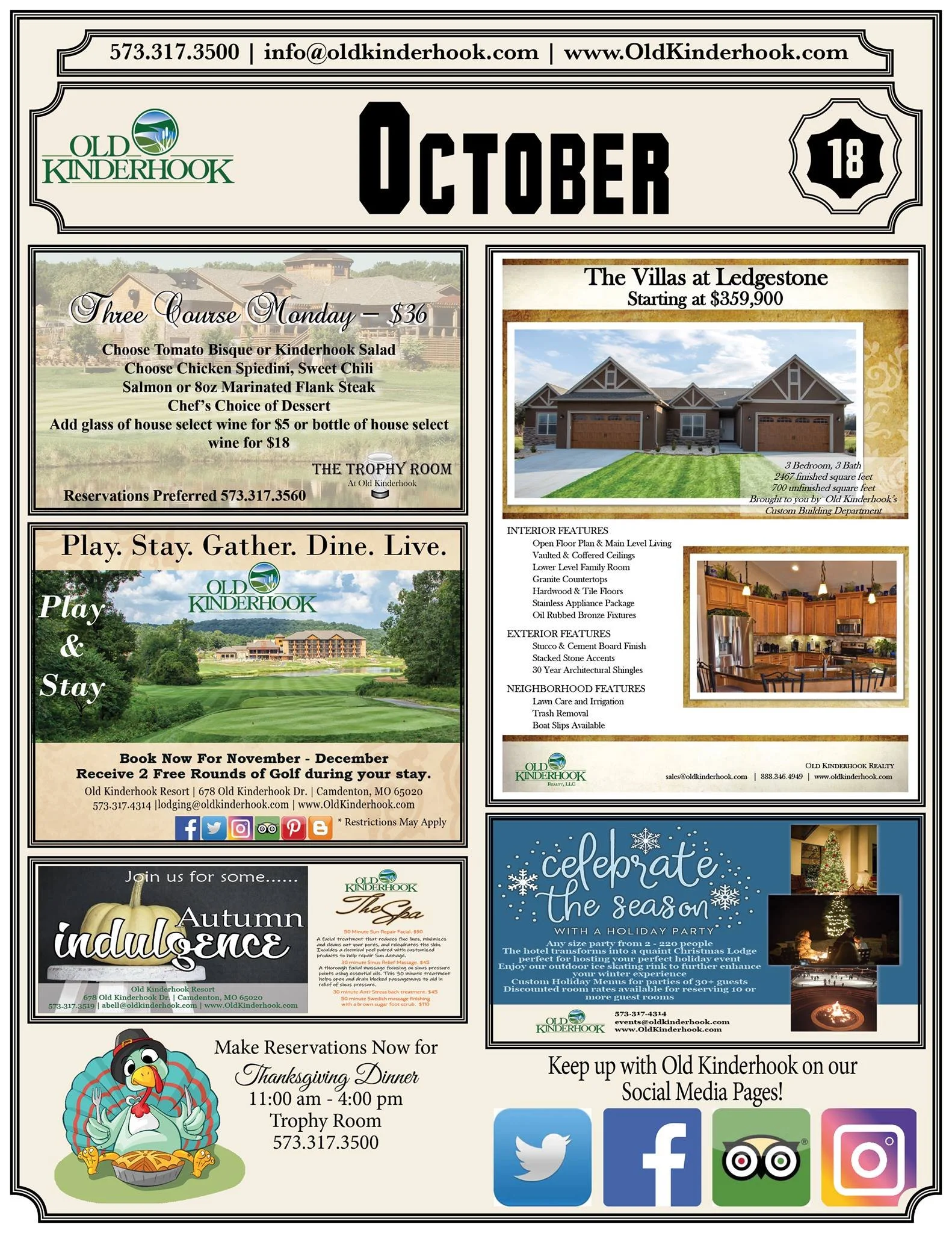 A flyer for Old Kinderhook including advertisements for real estate, a golf course, holiday events, and social media, with images of houses, a golf course, a turkey, and social media icons.