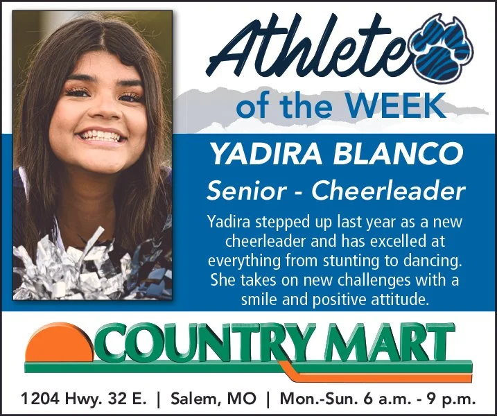 A young woman smiling, holding blue and silver pom-poms, with a cheerleader bio for Yadira Blanco, and a Country Mart store advertisement at the bottom.