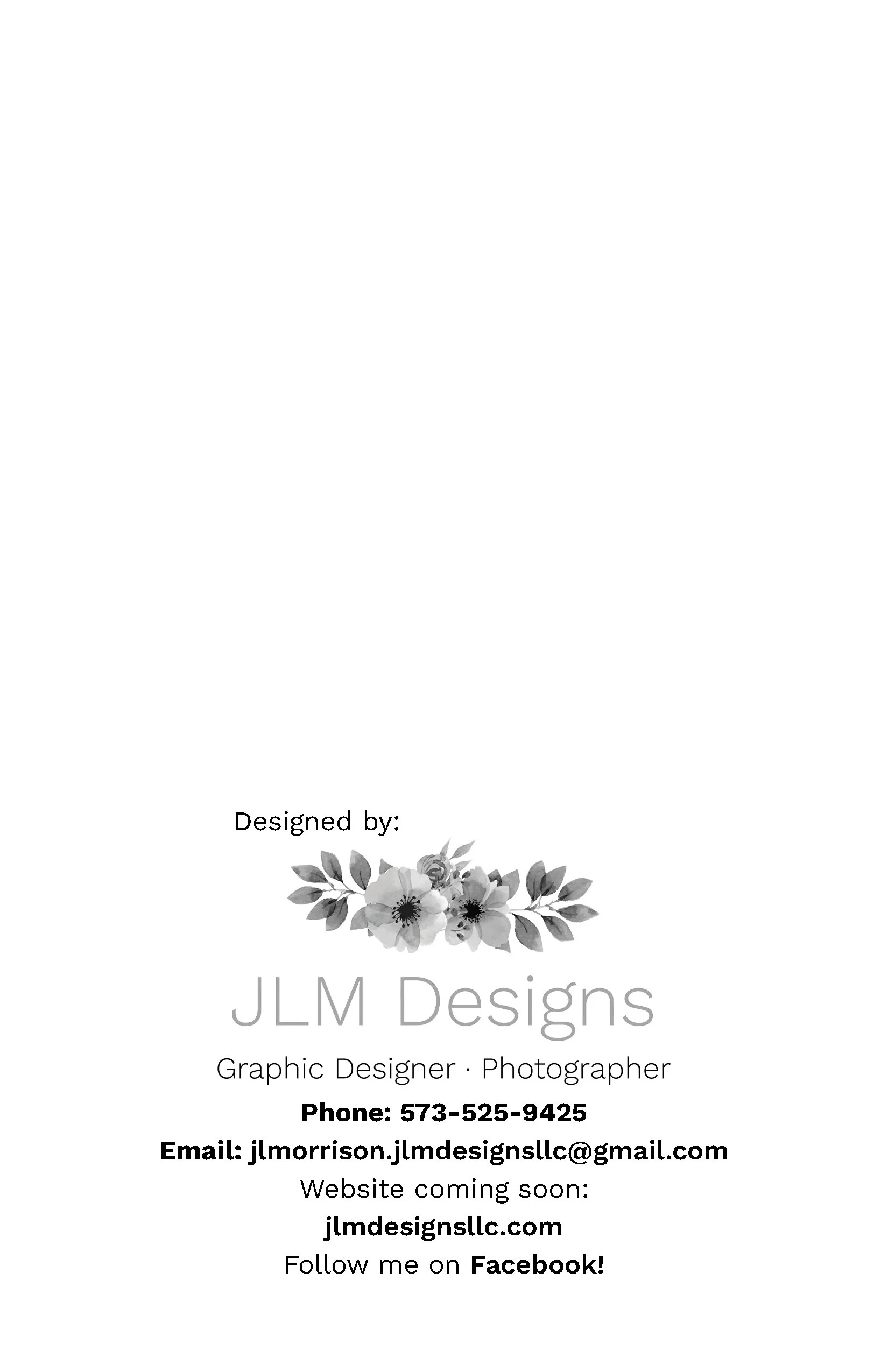 Business card for JLM Designs, featuring floral decoration and contact information for a graphic designer and photographer.