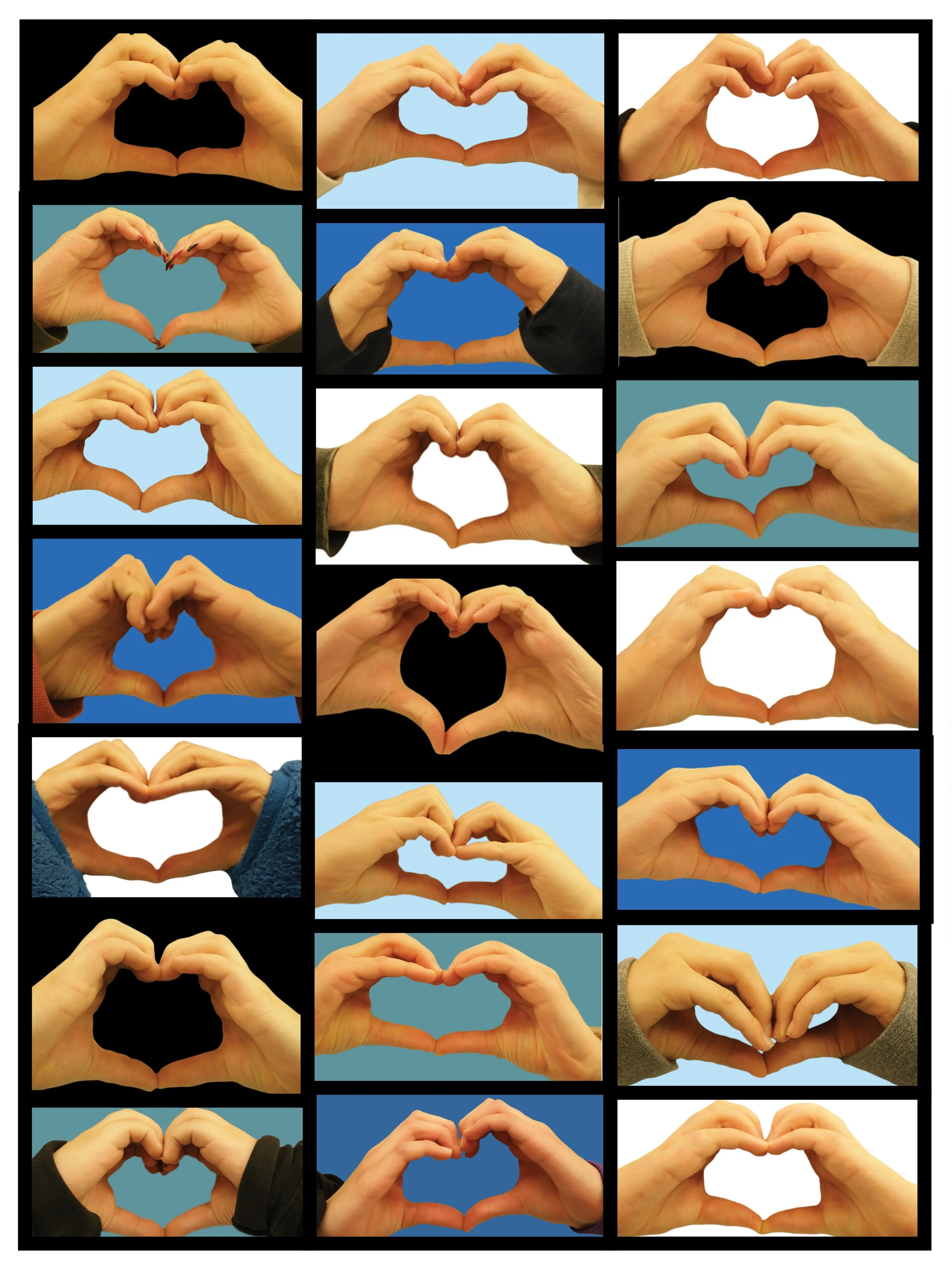 A collage of multiple hands forming heart shapes against various colored backgrounds, including black, blue, and light blue.