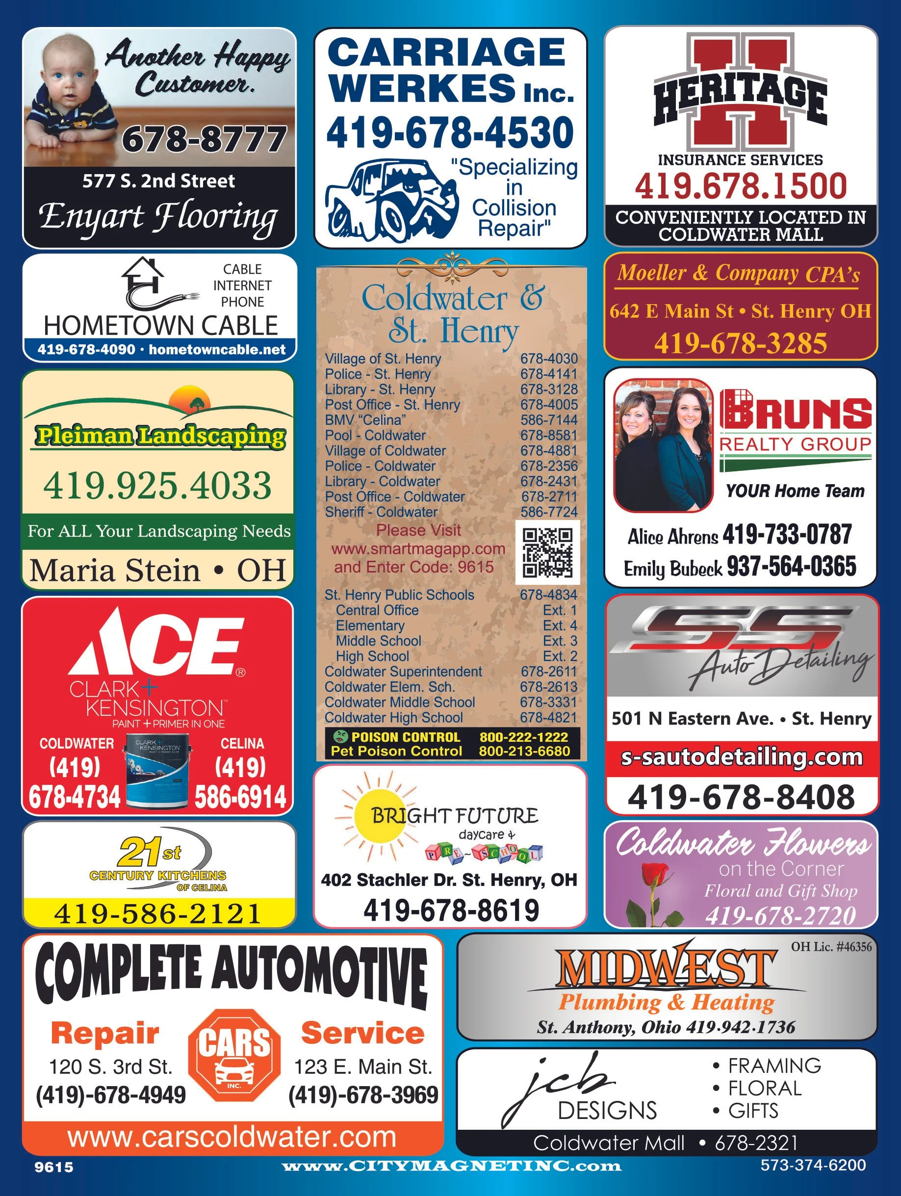 A collage of various advertisements for local businesses in Coldwater and St. Henry, Ohio, including services like auto repair, plumbing, landscaping, insurance, and real estate, with contact information and images of products and people.