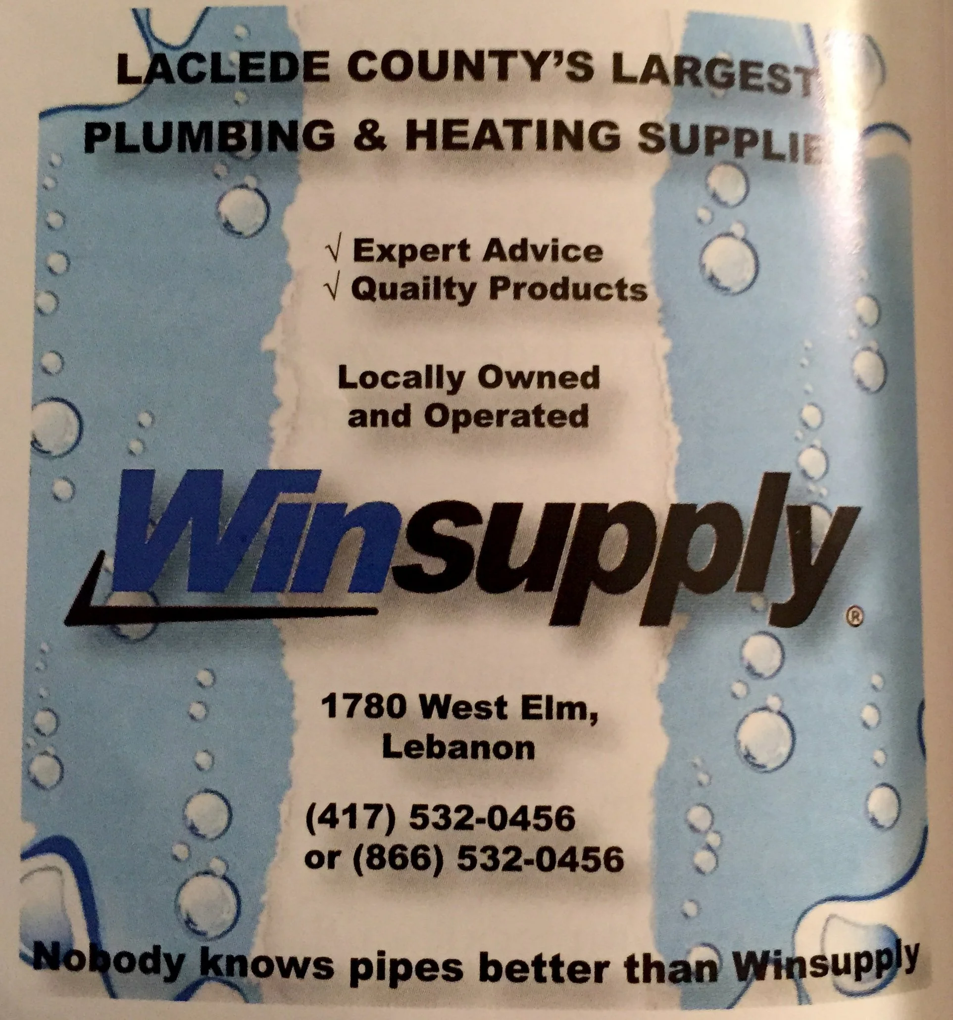 Advertisement for LaCleda County's largest plumbing and heating supply, featuring a stylized map of Louisiana with water bubbles and a partial view of the company logo and contact information.