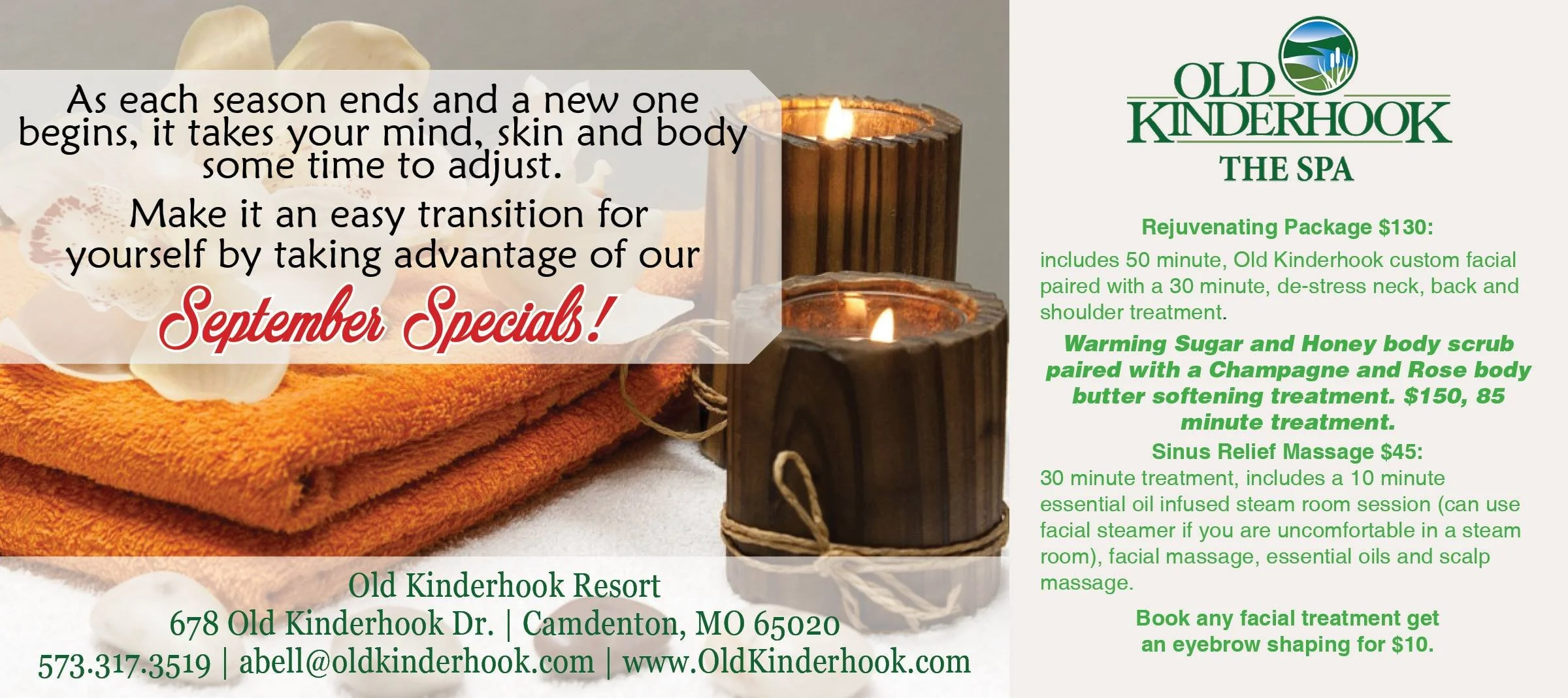 A promotional flyer for Old Kinderhook Resort and Spa featuring a cozy spa setting with stacked orange towels, white orchids, and candles, alongside information about September specials including facials and massages.