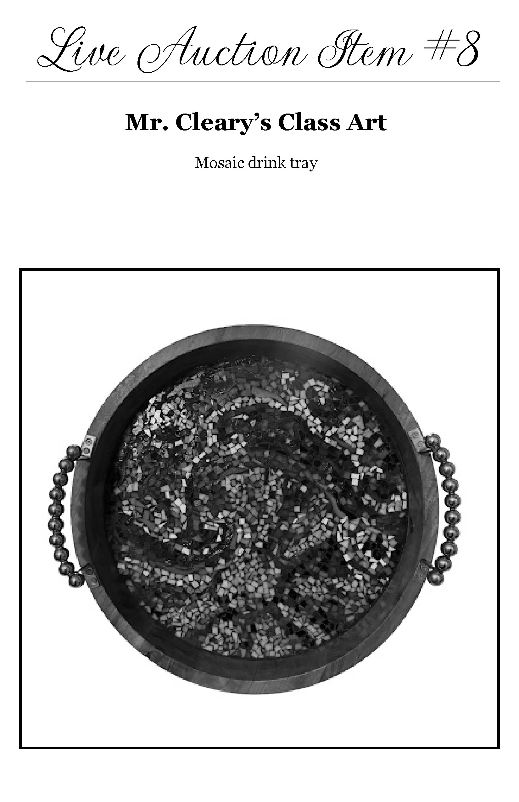 A circular mosaic drink tray with small, colorful pieces inside a round frame, surrounded by a ball chain.