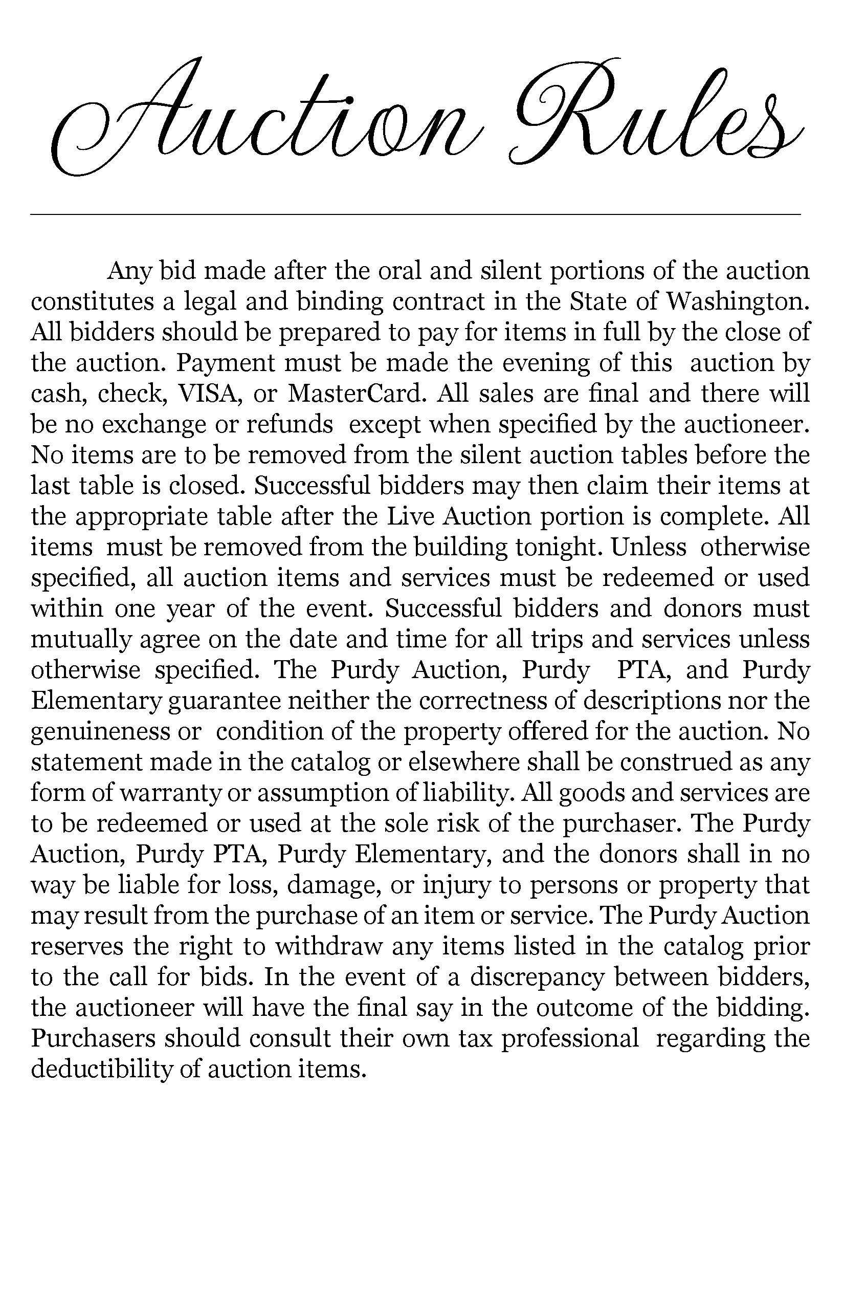Text of auction rules with detailed policies on bids, payments, item removal, and legal disclaimers.