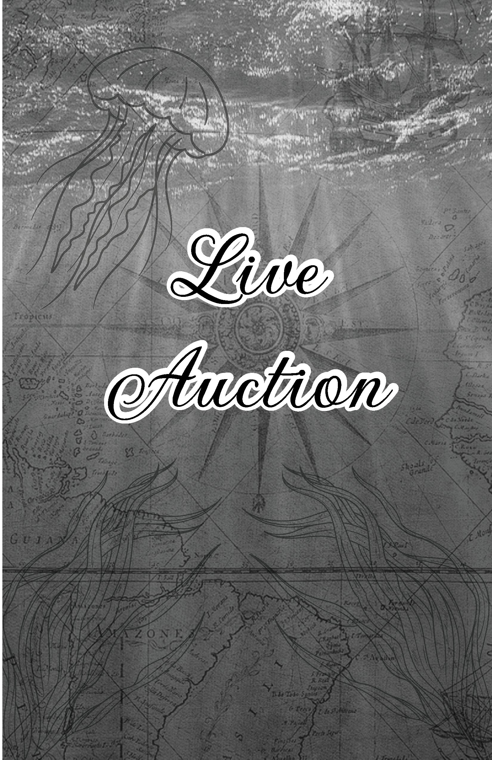 Illustration of a jellyfish, with the words "Live Auction" overlaid, on a vintage map background.
