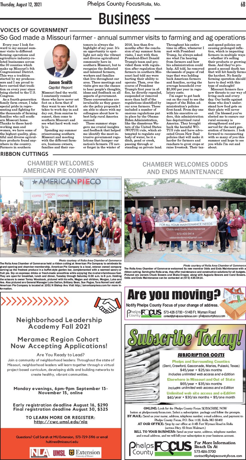 Group photo of the Rolla Area Chamber of Commerce members standing in front of the American Pie Company storefront, holding a ribbon during a celebration event. Another smaller group photo shows members holding a banner for Odds and Ends Maintenance.