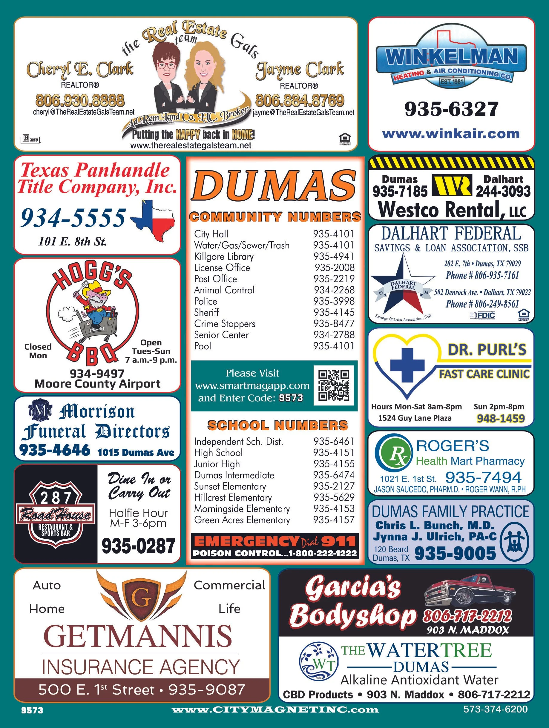 A collage of various advertisements and business listings for real estate, heating and air conditioning, rental services, funeral home, insurance, body shop, water products, and other local services in Dumas, Texas.