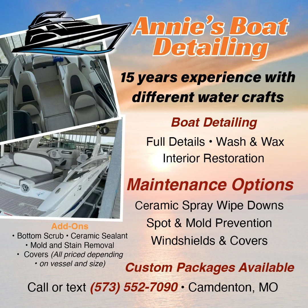 Flyer for Annie's Boat Detailing showing images of a boat interior and exterior with text about watercraft cleaning and maintenance services in Camdenton, Missouri.