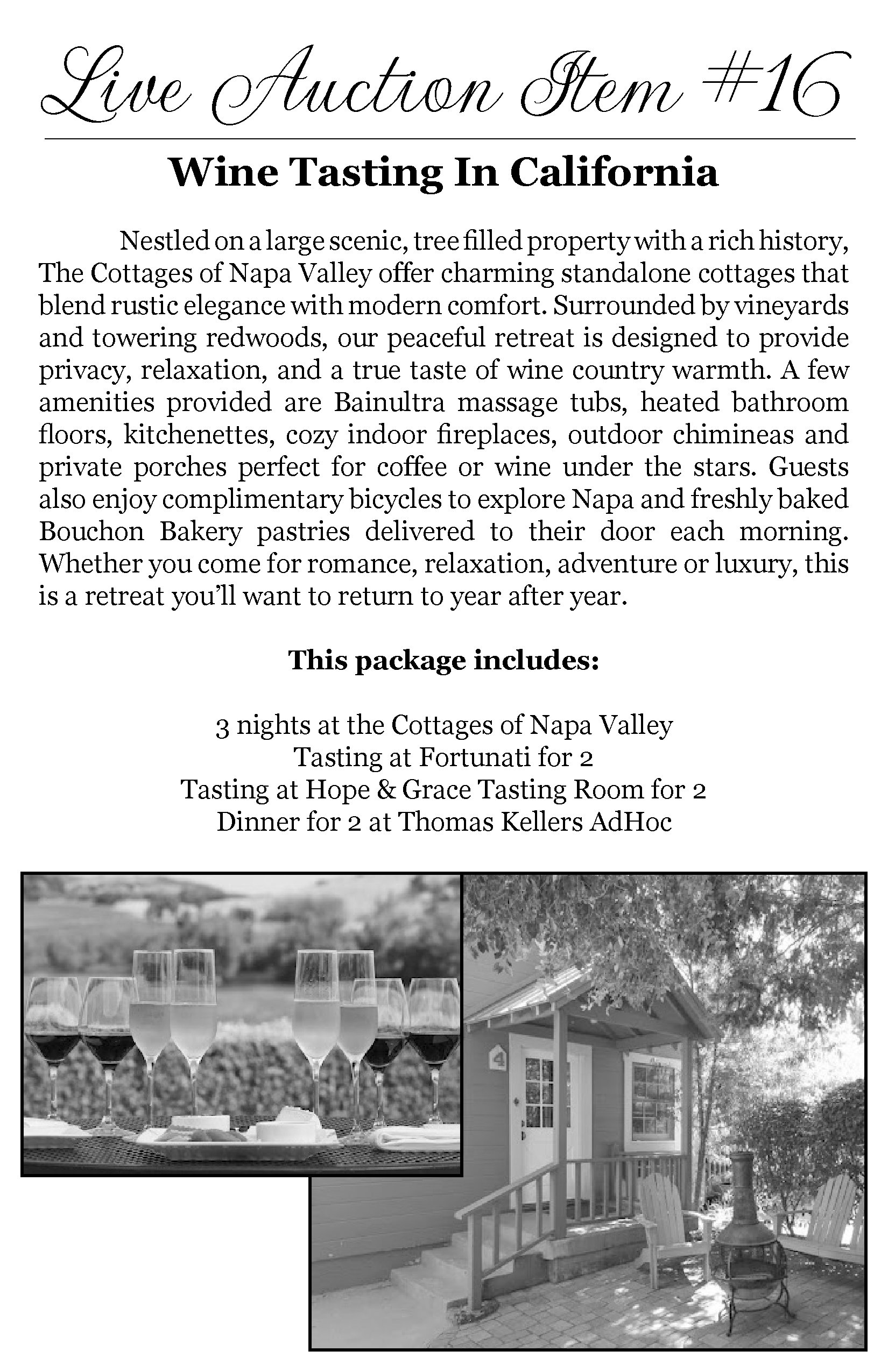 A flyer advertising a wine tasting event in California, featuring images of wine glasses, a house with a porch, and an outdoor patio with chairs and a large tree.