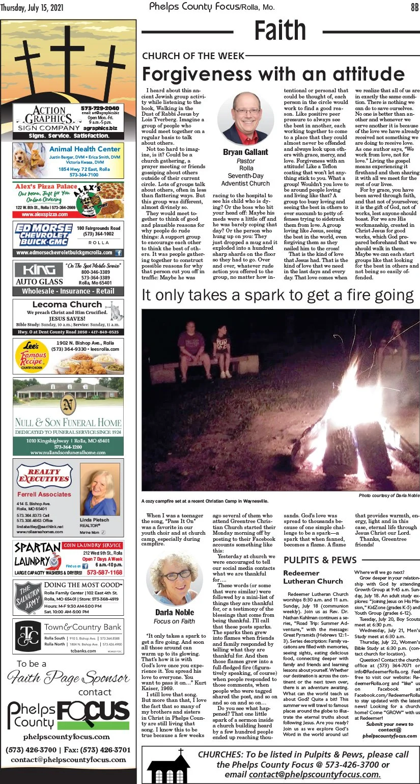 This is a newspaper page from the Phelps County Focus, dated Thursday, July 15, 2021, from Rolla, Missouri. It contains local news articles, advertisements, and images. The main article is about faith and forgiveness, with a photo of Pastor Bryan Gal