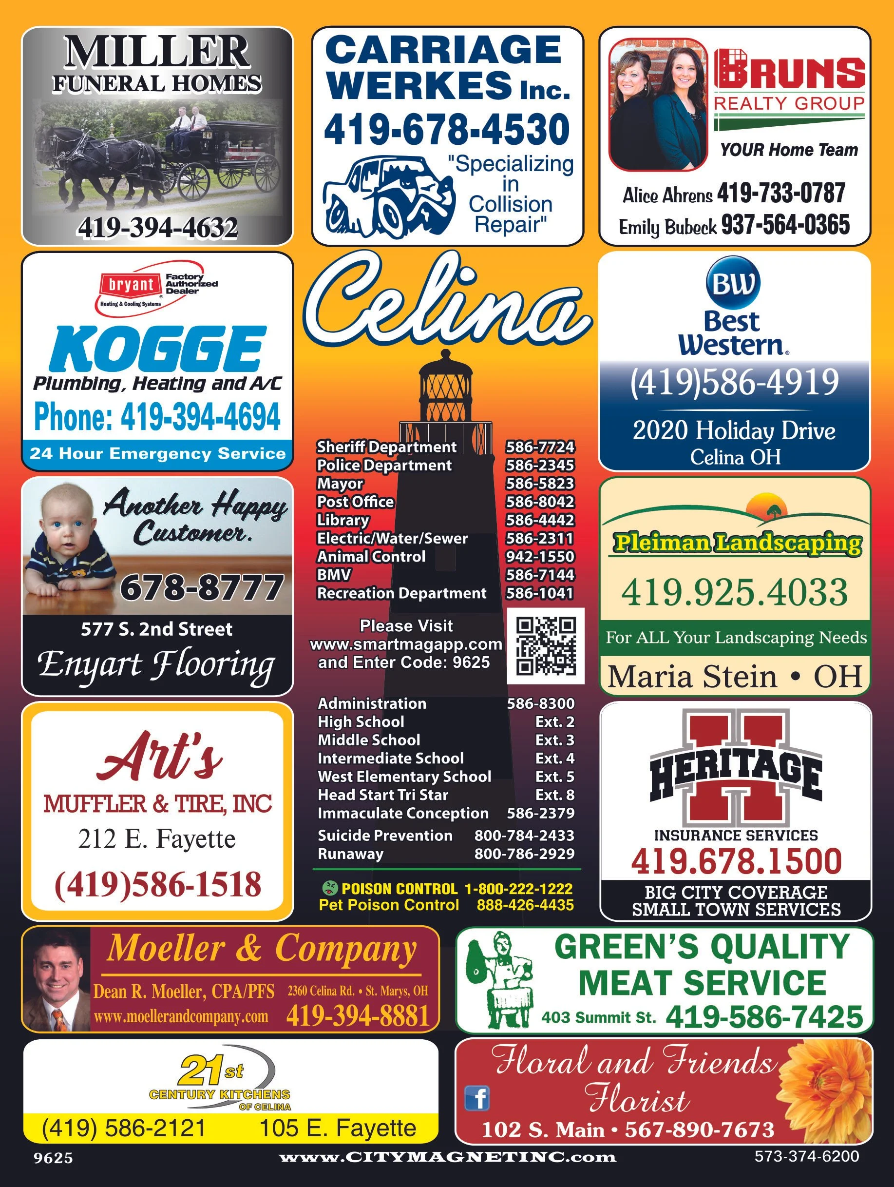A collage of various business advertisements on a colorful background, including funeral homes, car repair, real estate, flooring, insurance, landscaping, meets and floral services, and a kitchen company.