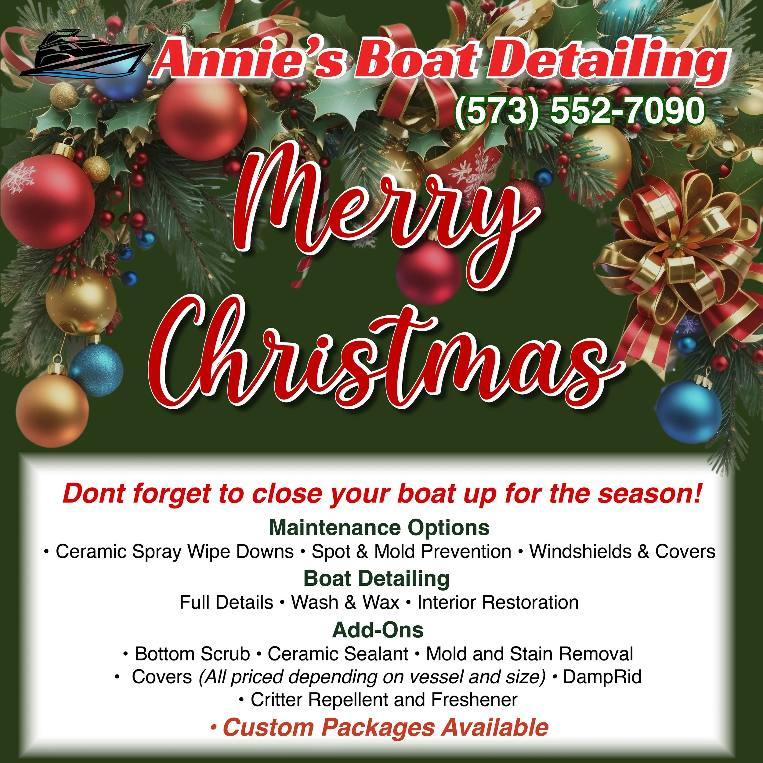 Decorative Christmas-themed banner with pine branches, gold, red, and blue ornaments, and bows. Text overlay reads 'Annie's Boat Detailing,' with a phone number and holiday greeting for Christmas.