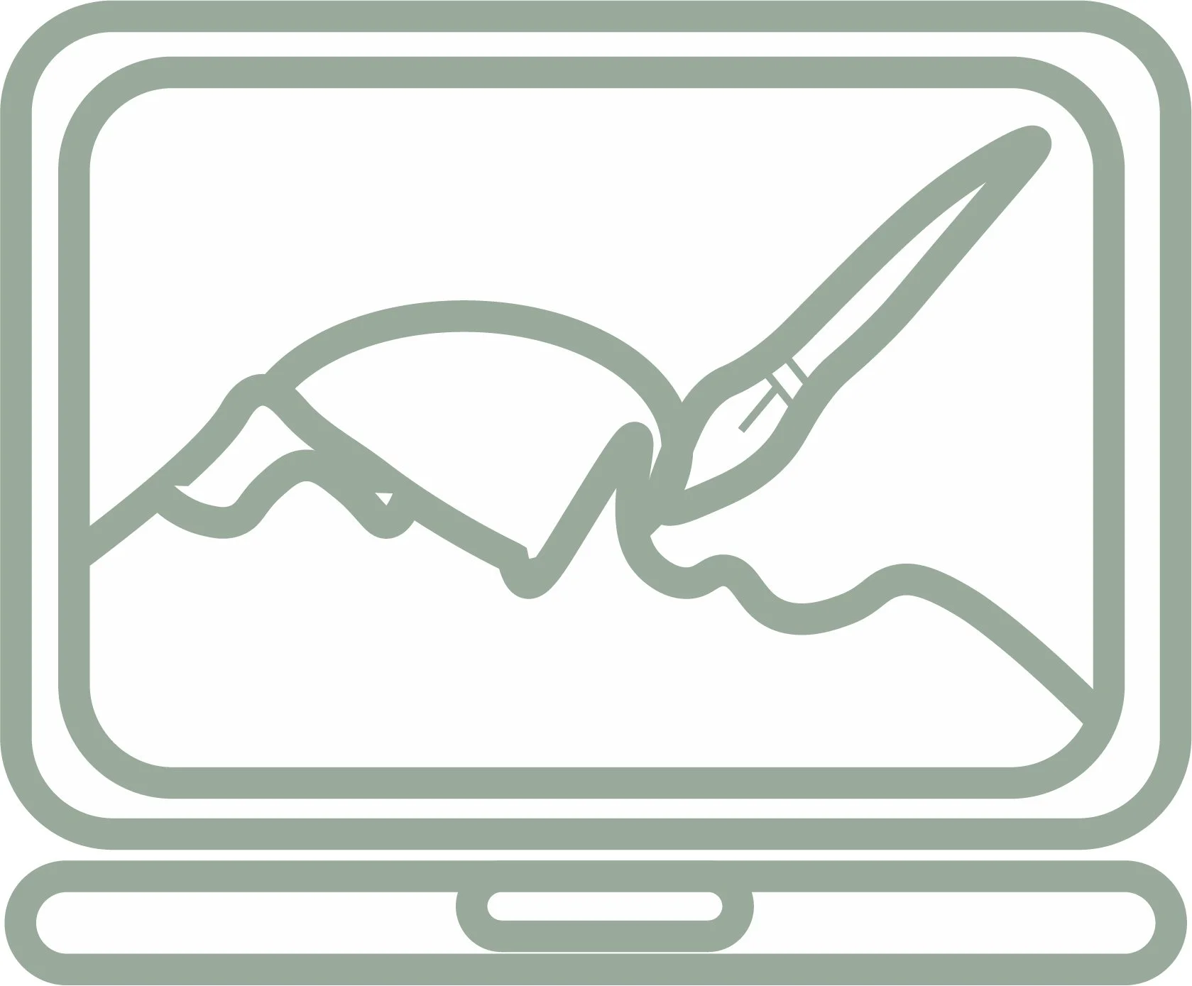Computer screen displaying a mountain landscape with a sky, drawn in a minimalist, line art style.