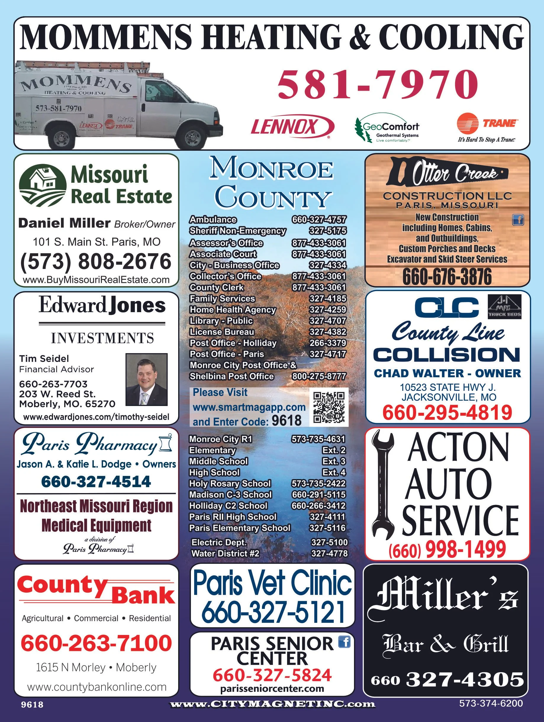A colorful community advertisement flyer with multiple business cards and contact information, including heating and cooling, real estate, auto service, veterinary clinic, banking, and education services.