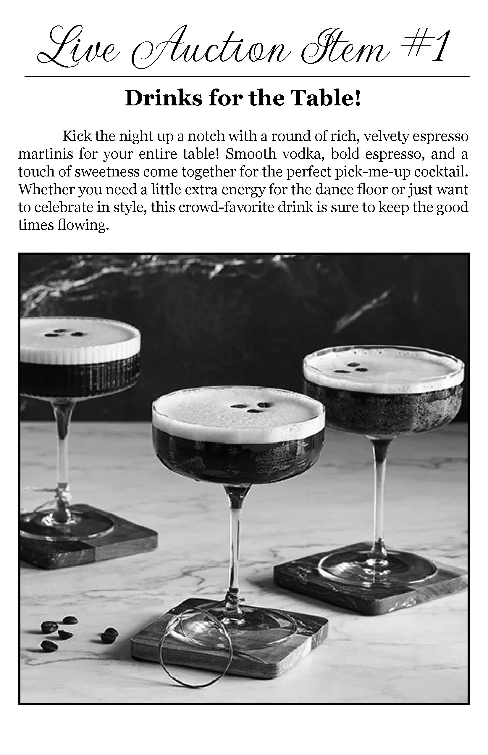 Black and white photo of three cocktail glasses on square wooden coasters, with coffee beans scattered on a marble surface.