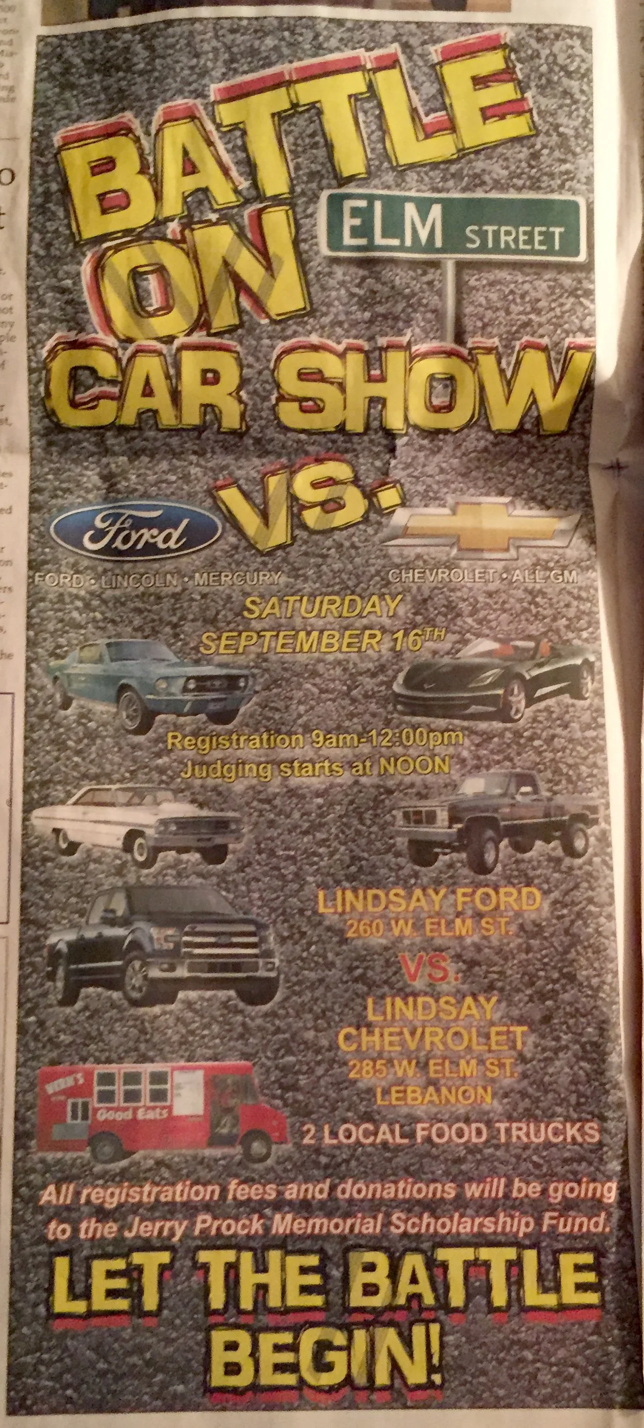 Flyer for a car show titled 'Battle on Elm Street' featuring Ford and Chevrolet vehicles, scheduled for Saturday, September 16th. Registration from 9 AM to 12 PM; judging at noon. Location at 260 W Elm St. and 285 W Elm St. in Lebanon. Includes image