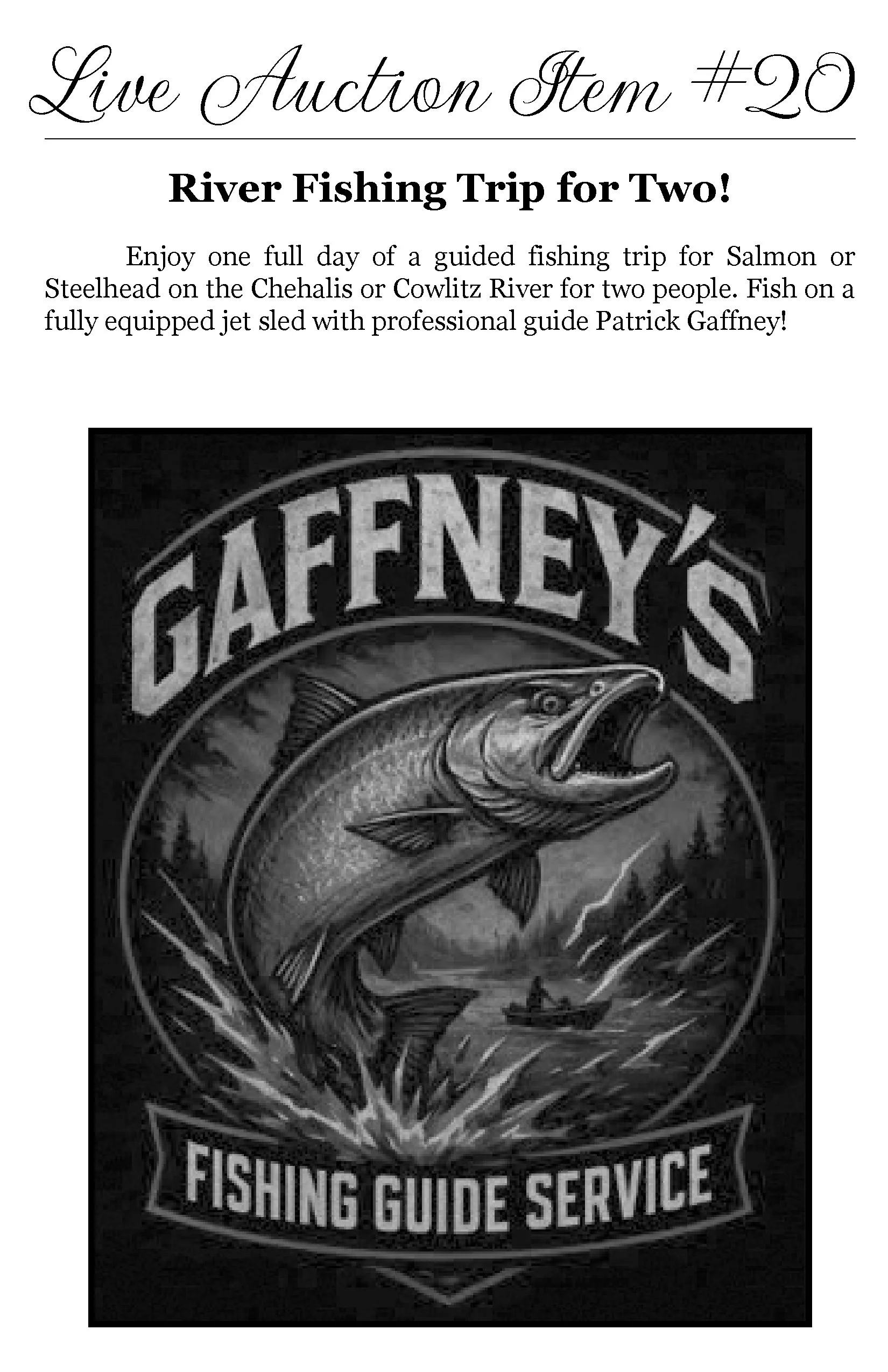 Flyer advertising a live auction for a two-person guided river fishing trip, showing a large fish, a boat, and a river scene.