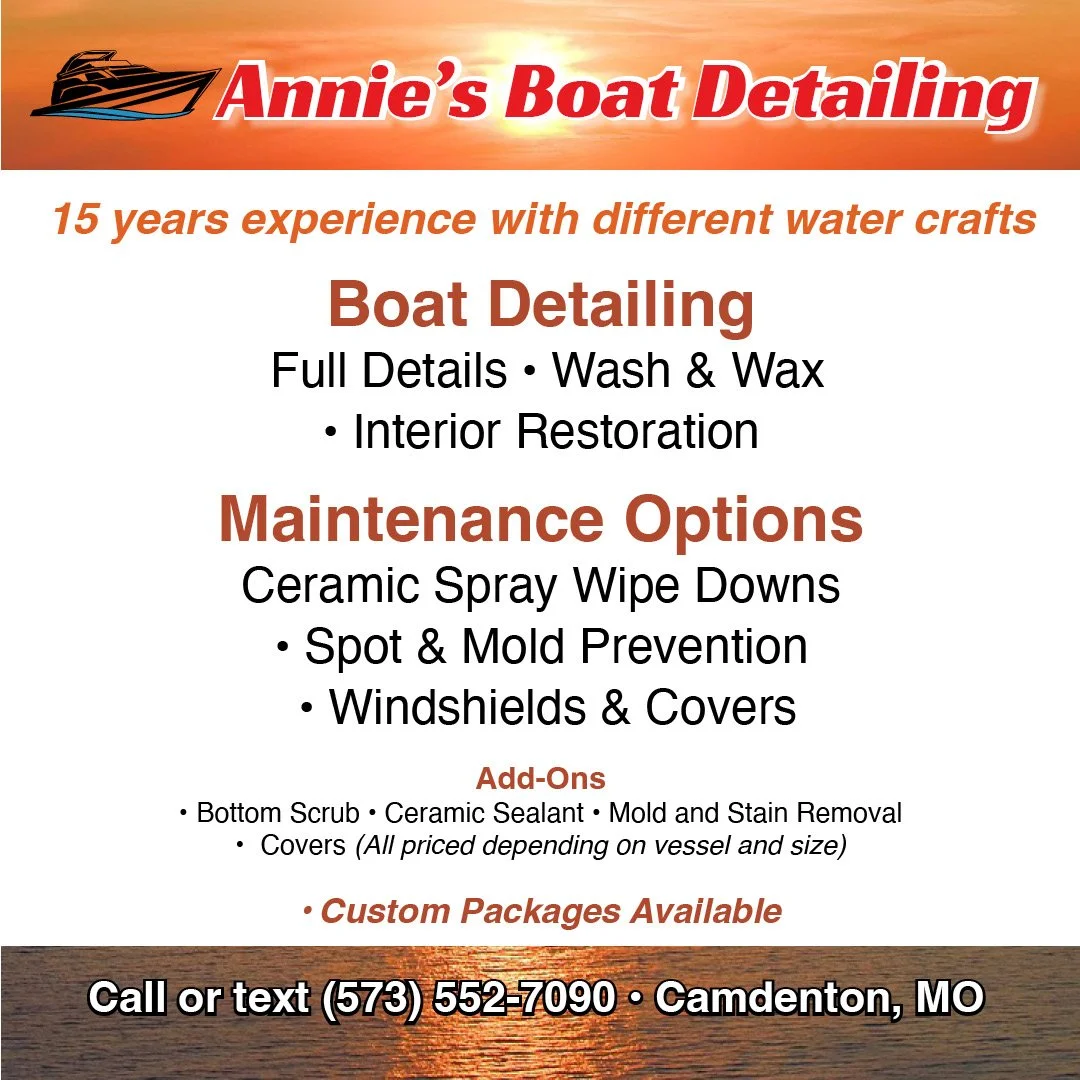 Advertisement for Annie's Boat Detailing featuring services like boat detailing, maintenance options, and custom packages. Contact information includes a phone number and location in Camdenton, MO.