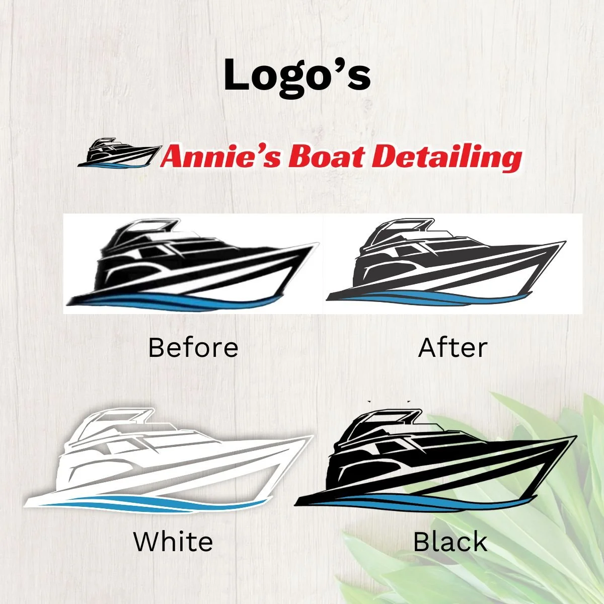 Comparison of boat logos before and after color change, showing black boat logo at the top, then its black-and-white version, and the black boat logo at the bottom right, with green foliage in the background.