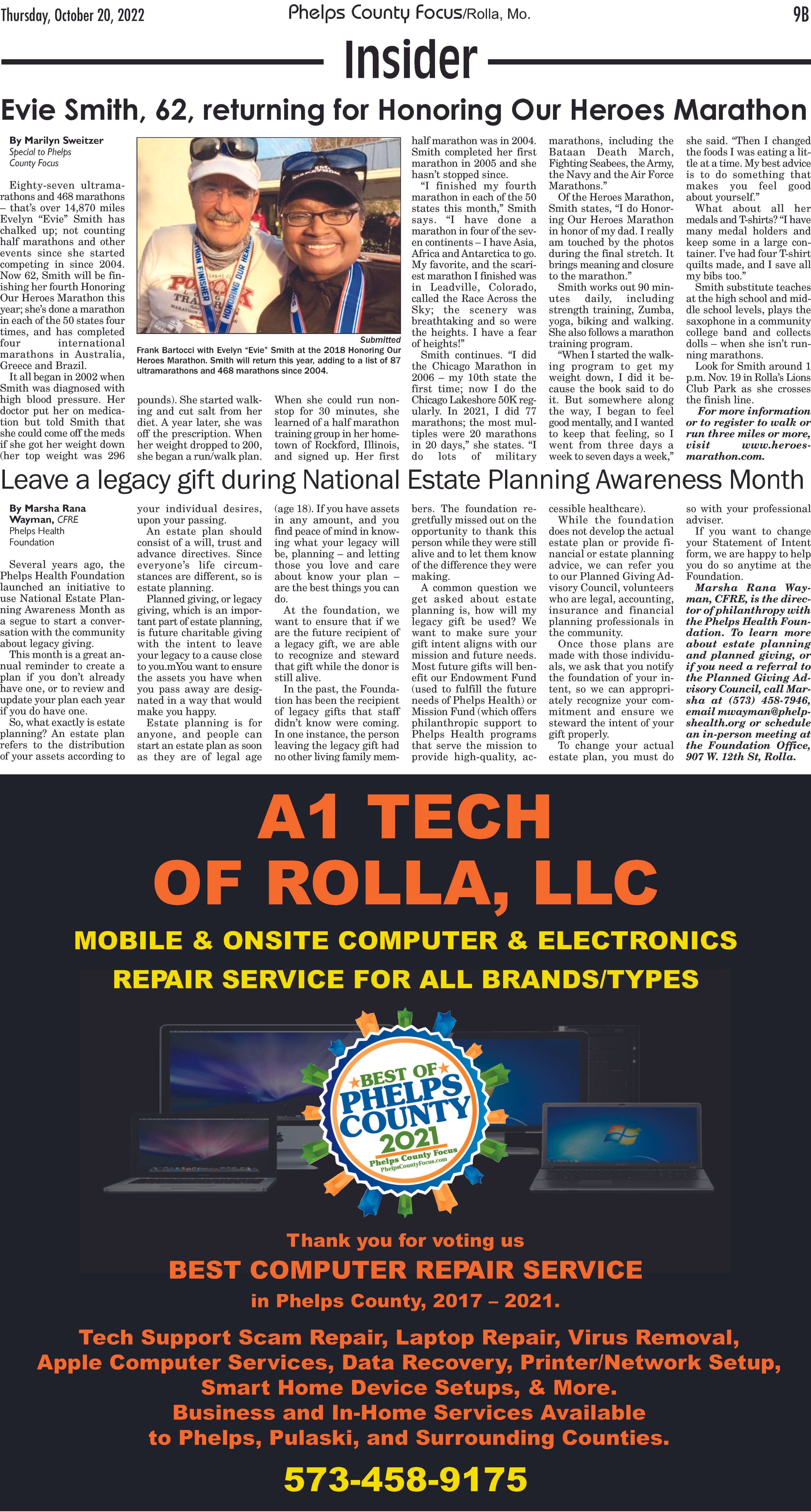 A newspaper article with a photo of a man and a woman smiling, both wearing medals, at the 2018 Honoring Our Heroes Marathon. The article highlights Evelyn Evie Smith's marathon achievements. Below is an advertisement for A1 Tech of Rolla, LLC, offer