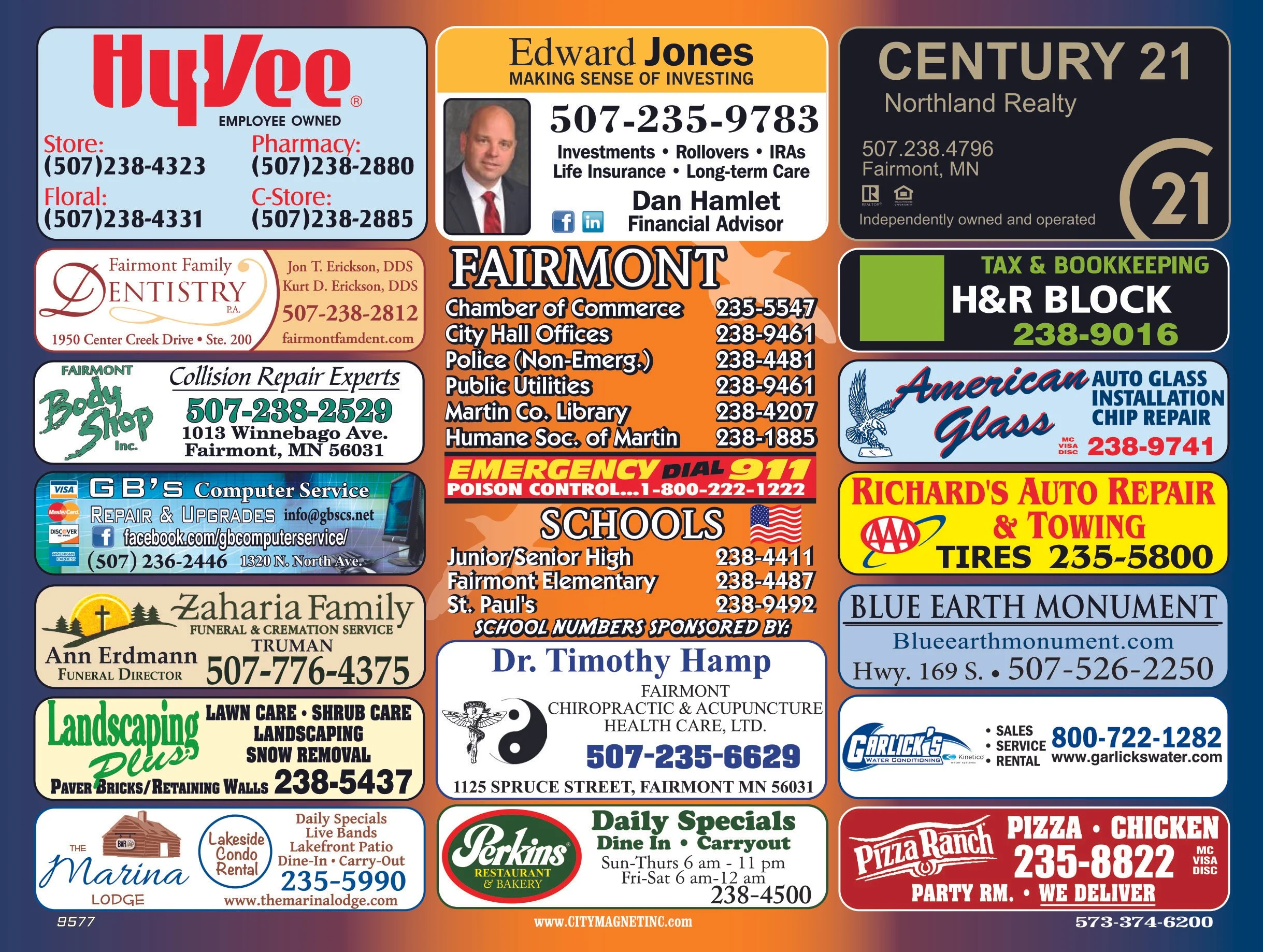 A colorful advertisement collage for various local businesses, including real estate, healthcare, auto repair, dental, and retail, featuring contact information, logos, and services offered.