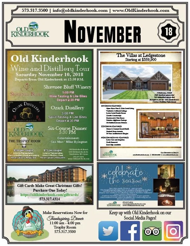 November event flyer for Old Kinderhook, featuring wine and distillery tours, a villa listing, holiday celebration, and social media info.
