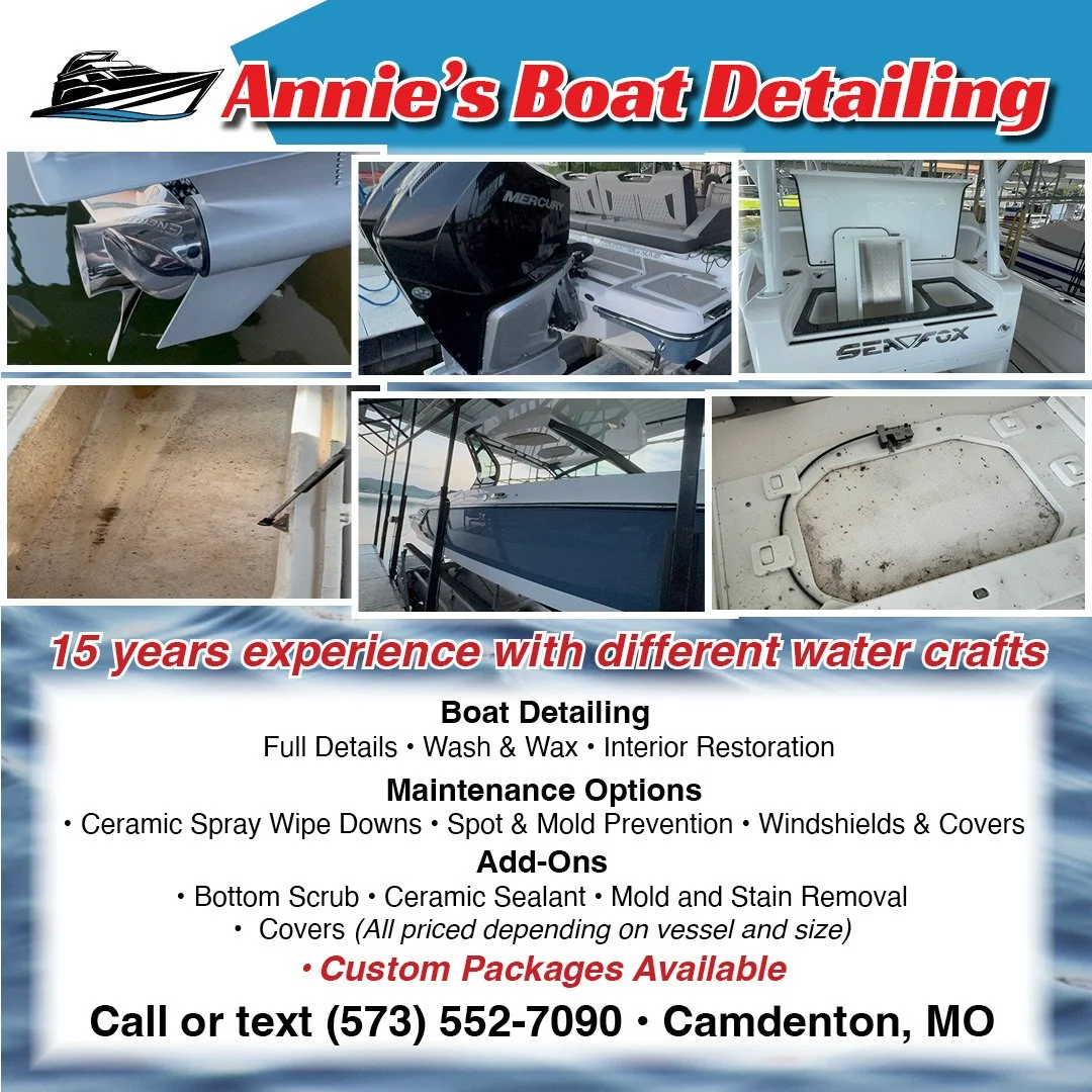 A collage of images showing boat detailing and maintenance services, including boat engines, interiors, hulls, and cleaning tools, with text promoting Annie's Boat Detailing in Camdenton, MO.