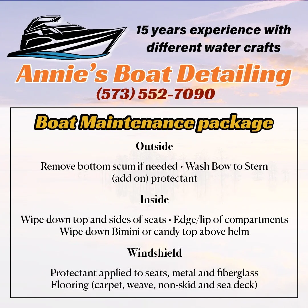 Boat detailing service advertisement with company name 'Annie's Boat Detailing', phone number, and a boat graphic. The ad mentions 15 years of experience, a boat maintenance package including exterior, interior, and windshield cleaning and protection